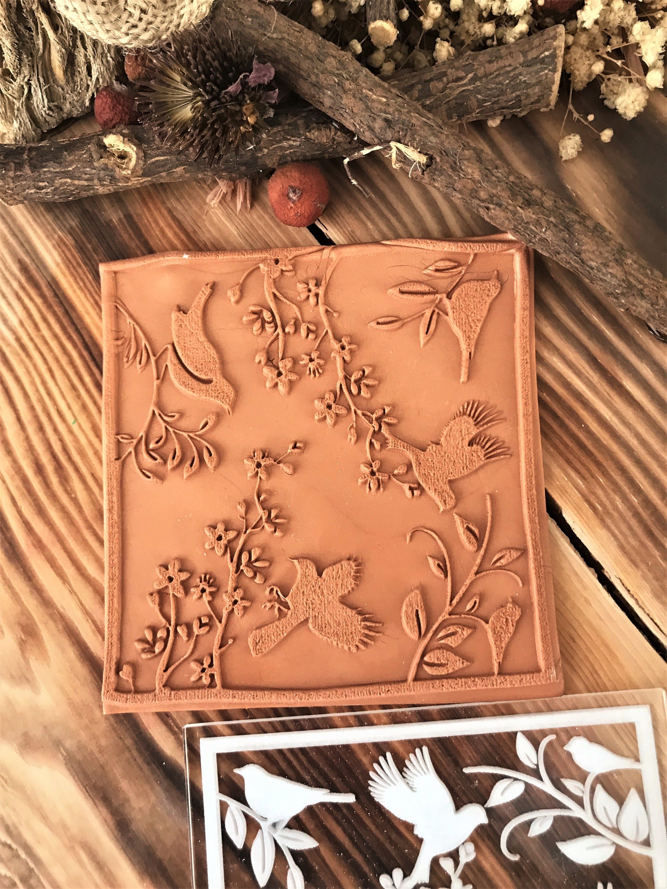 Bird Floral Rubber And Acrylic Texture Mat Stamp for Polymer Clay, Acrylic Clay Tool, Ceramic Pattern Supplies, Crafting Texture Sheet