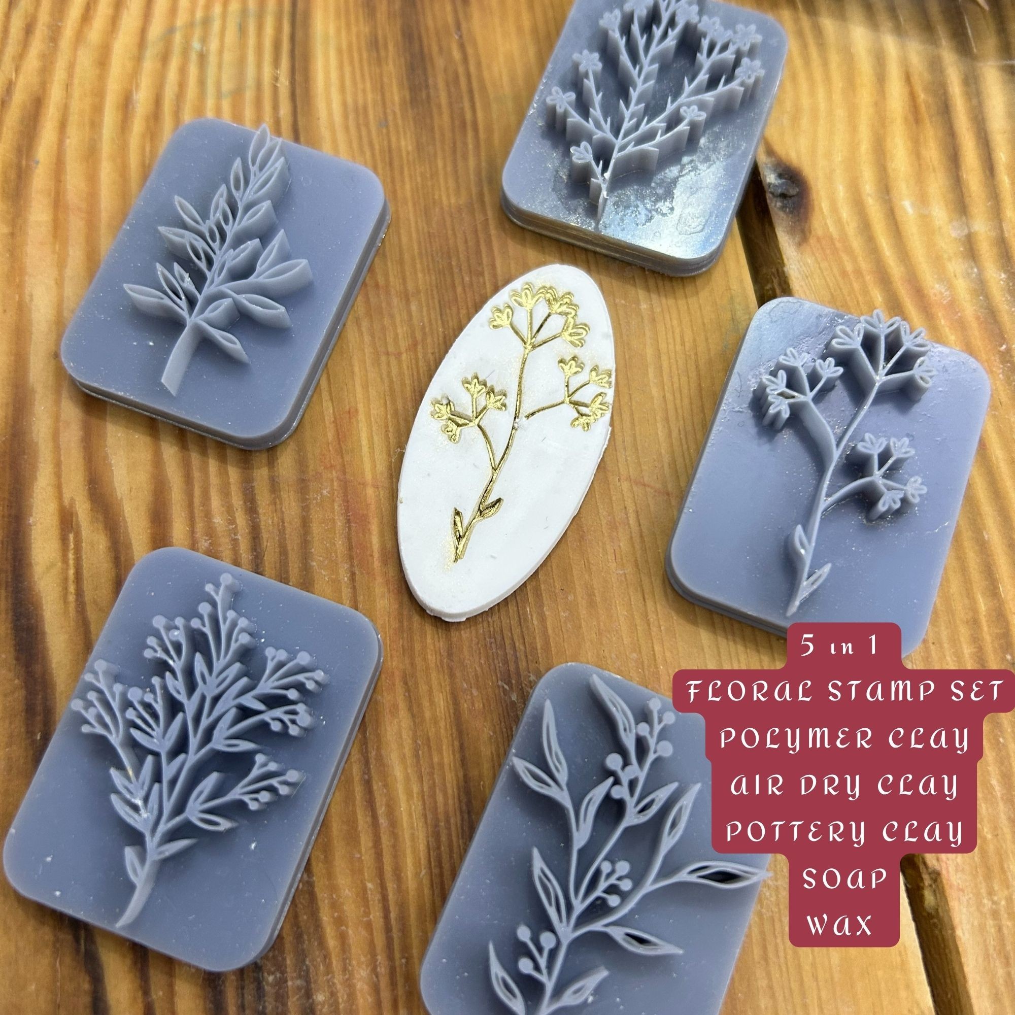 🌸 5-in-1 Floral Deboss Stamp Set – Perfect for Polymer Clay, Soap, Ceramics & Baking! 🌸