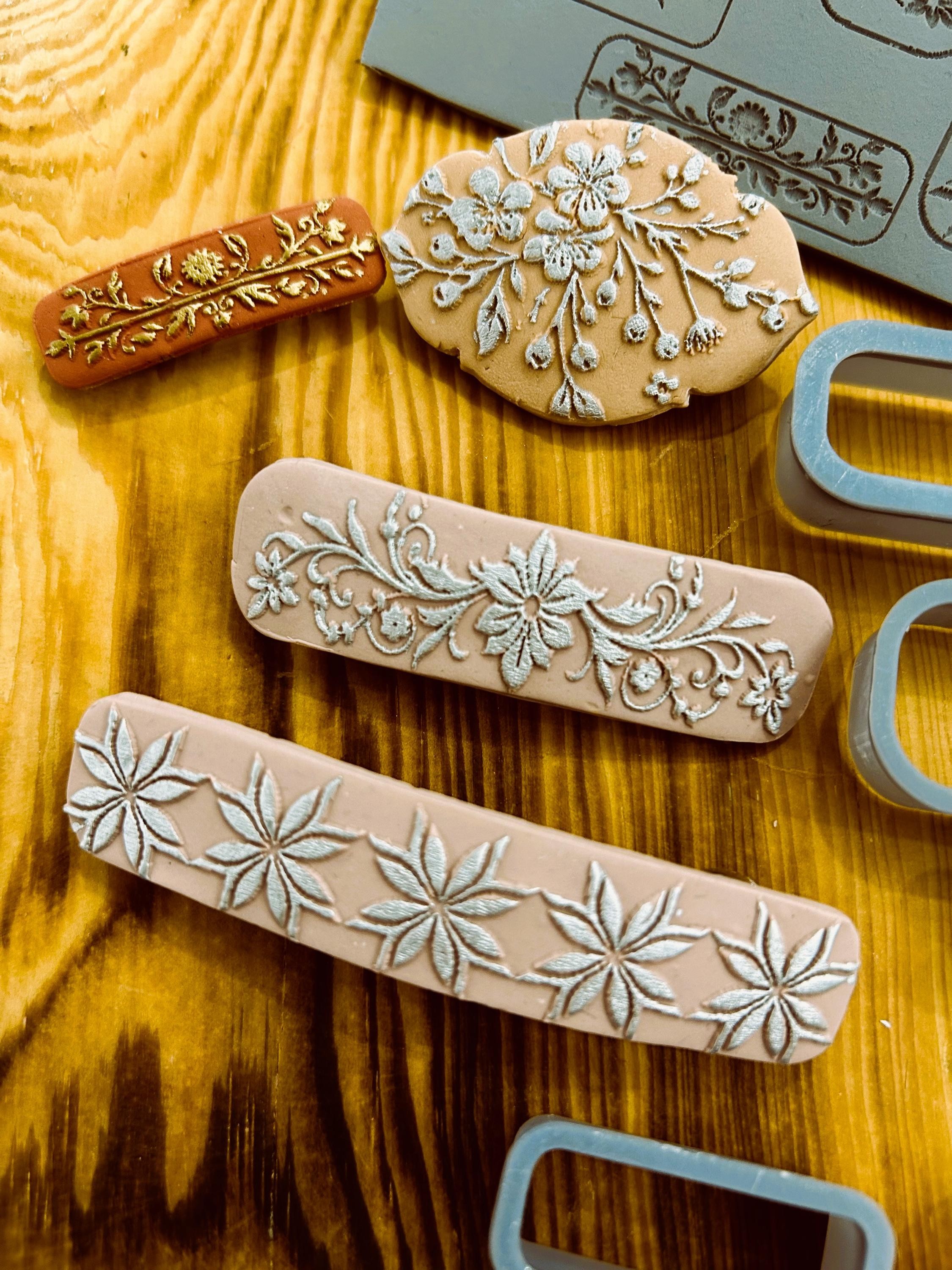 Hair Clip Making Set – Floral Rubber Texture Mat & 5 Cutter Set | Polymer Clay Texture Tools | Hair Barrette Clay Cutter | Jewelry Making Tools