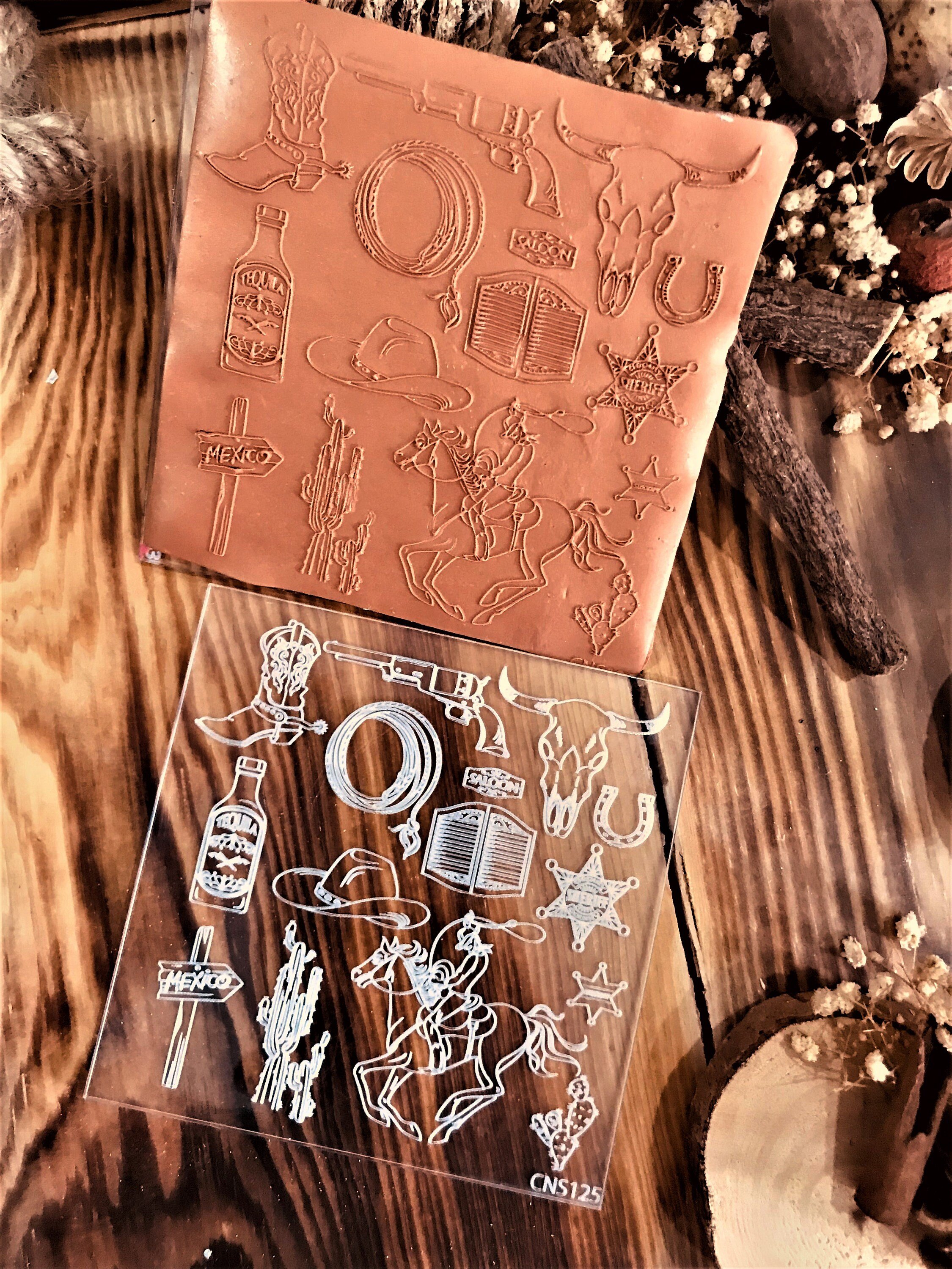 Cowboy Western Symbols Texture Sheet – Acrylic or Rubber Stamp | 10x10 cm | For Polymer Clay, Metal Clay, Air Dry Clay | Western Theme Pattern