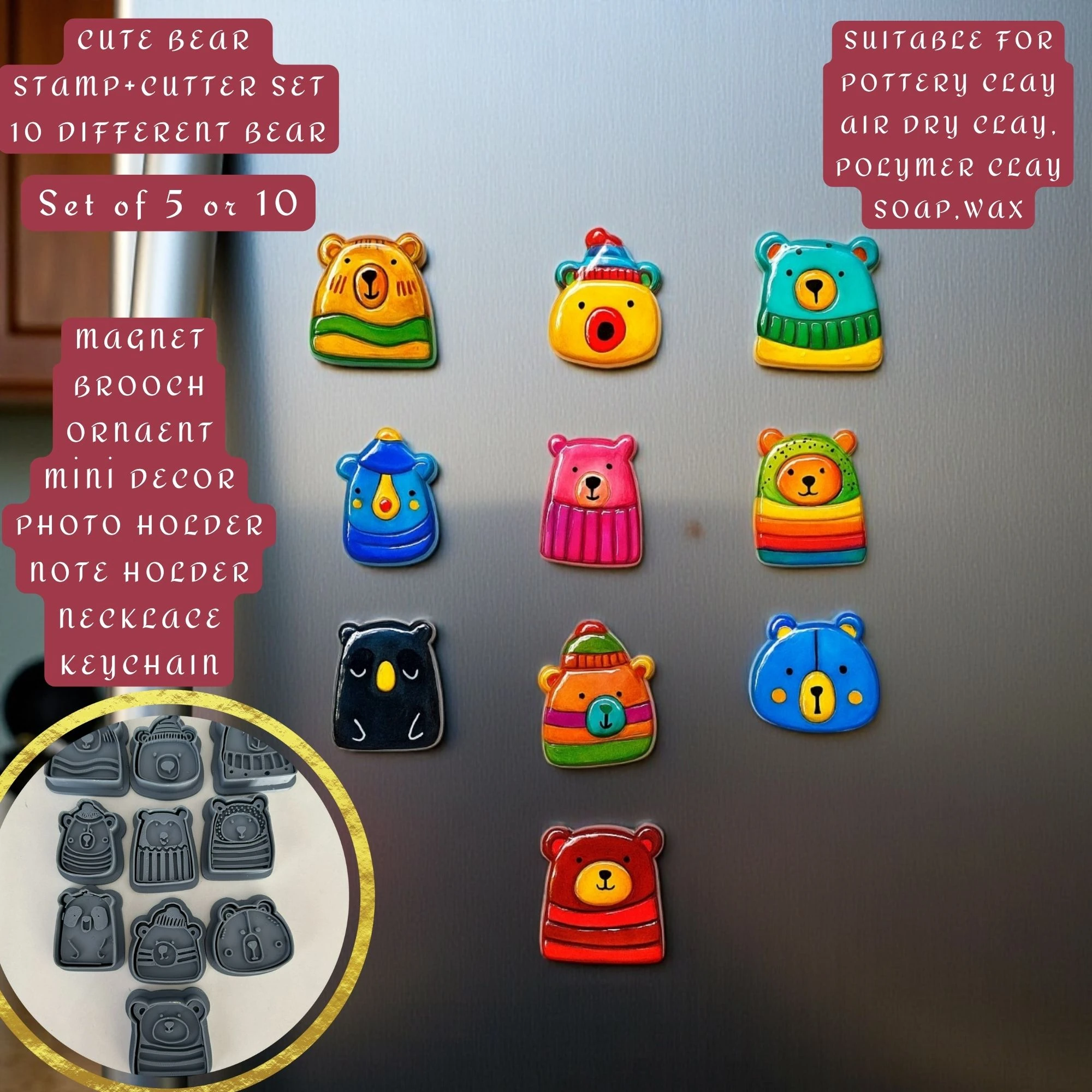 Kawaii Bear Figurines – 5 or 10 Stamp+Cutter | Brooch, Magnet, Desk Decor