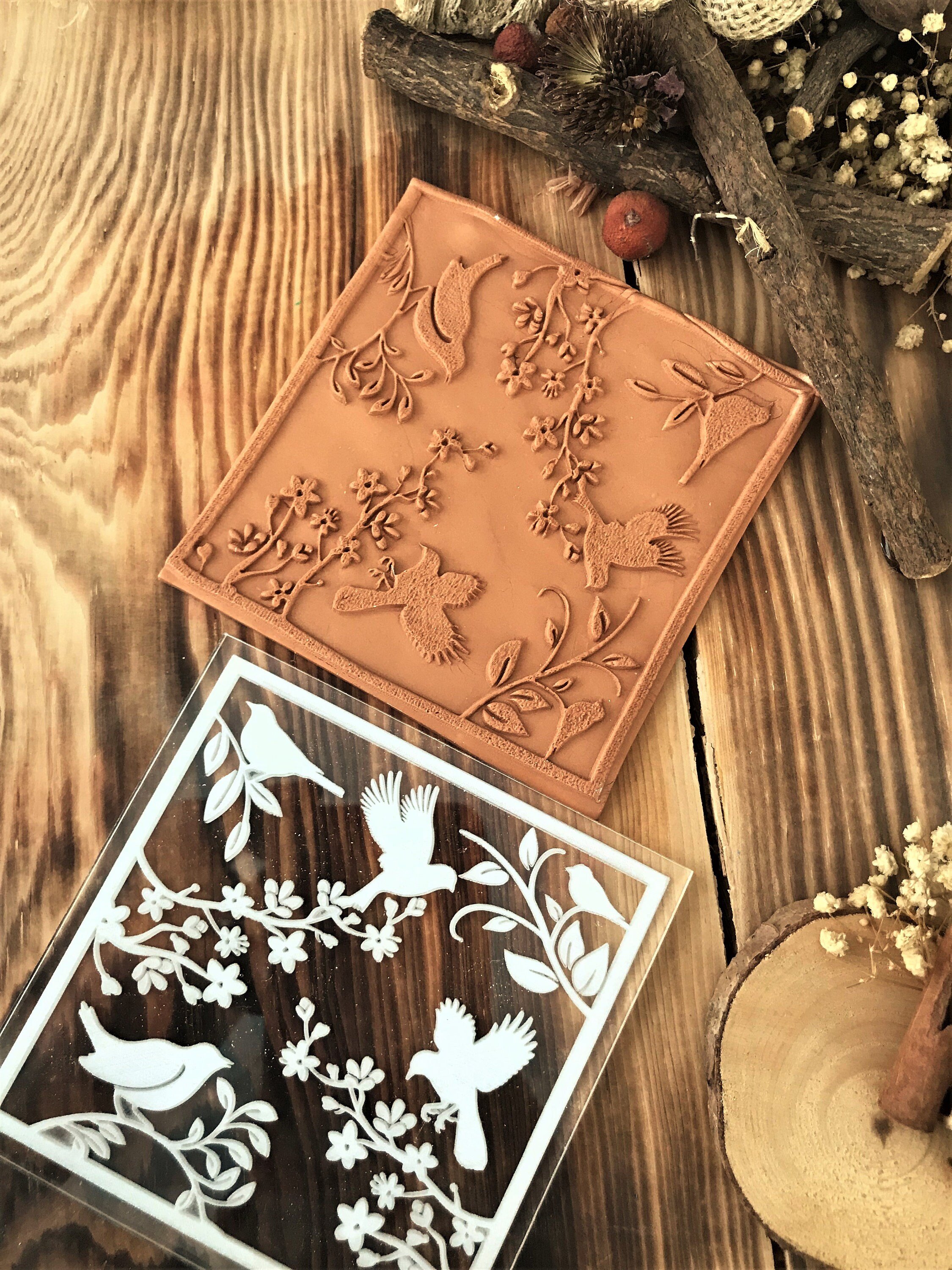 Bird Floral Rubber And Acrylic Texture Mat Stamp for Polymer Clay, Acrylic Clay Tool, Ceramic Pattern Supplies, Crafting Texture Sheet