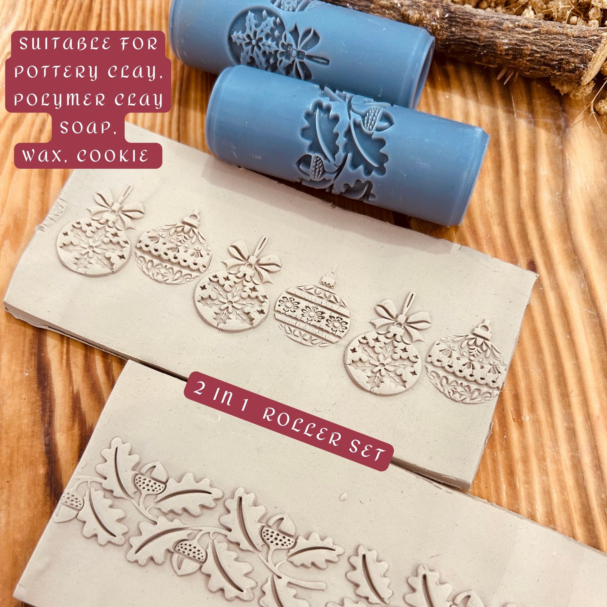 Set of 2 Christmas Rollers – Ornaments & Acorn Border | 7 cm (2.76”) Embossing Rollers for Polymer Clay, Air Dry Clay, Soap & Crafts