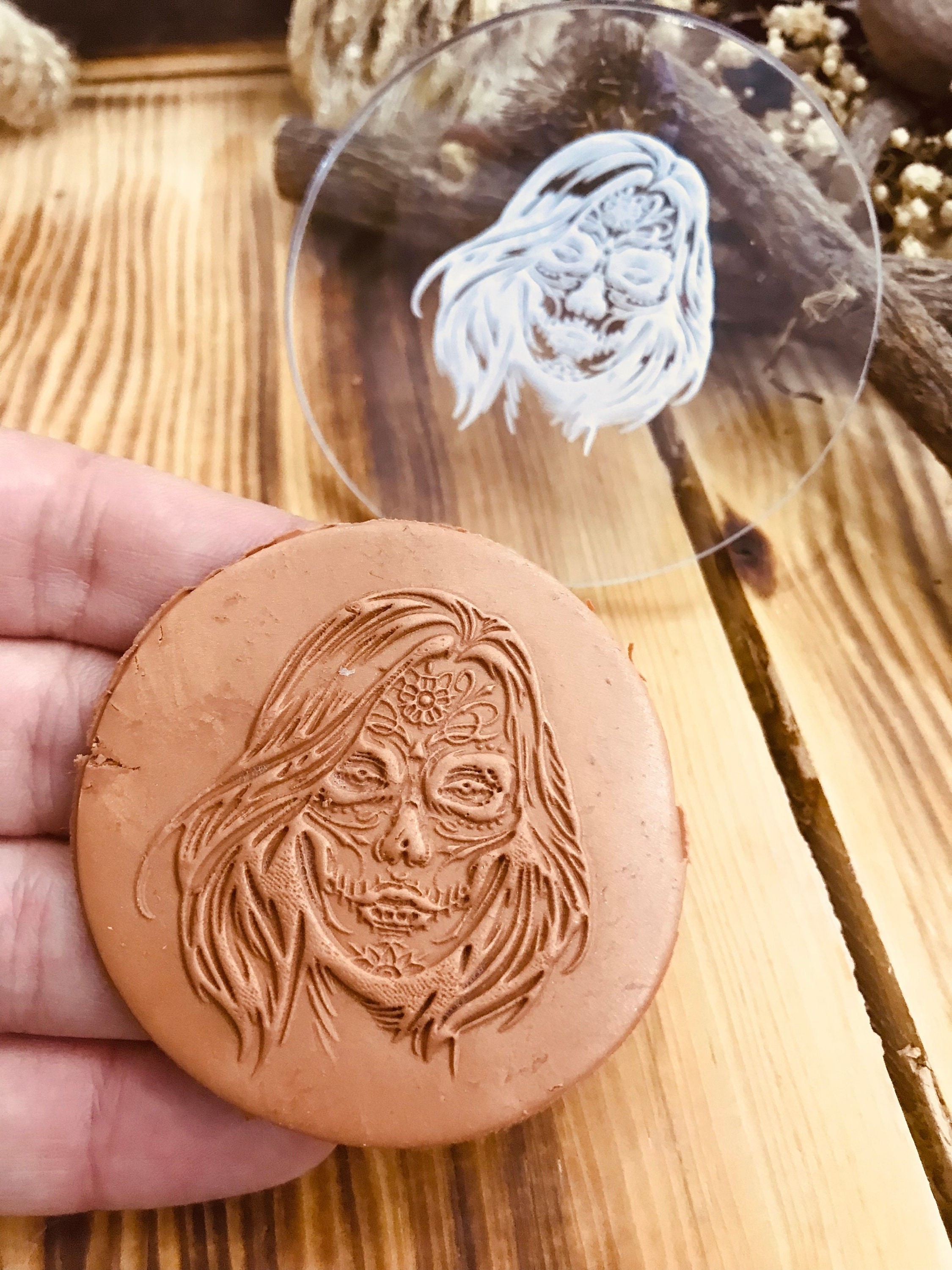 Halloween Woman Skeleton Face Pattern Texture Mat, Debossing Stamp, Acrylic clay texture tool, Texture Sheet,Ceramic Supplies, Texture Plate