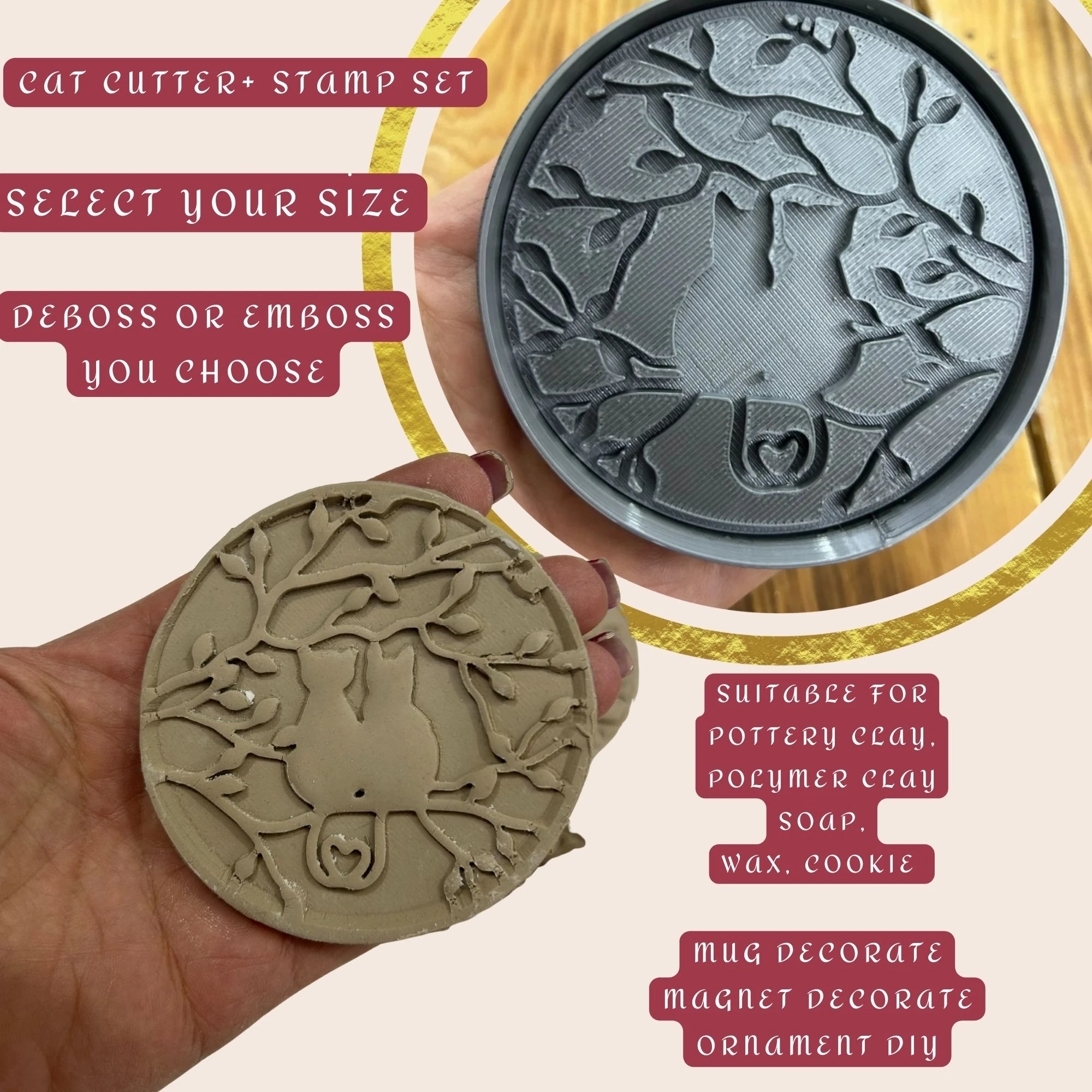 Ağaçta İki Kedi Damga ve Kesici – Kabartma & Stamp – İki Farklı Baskı Türü