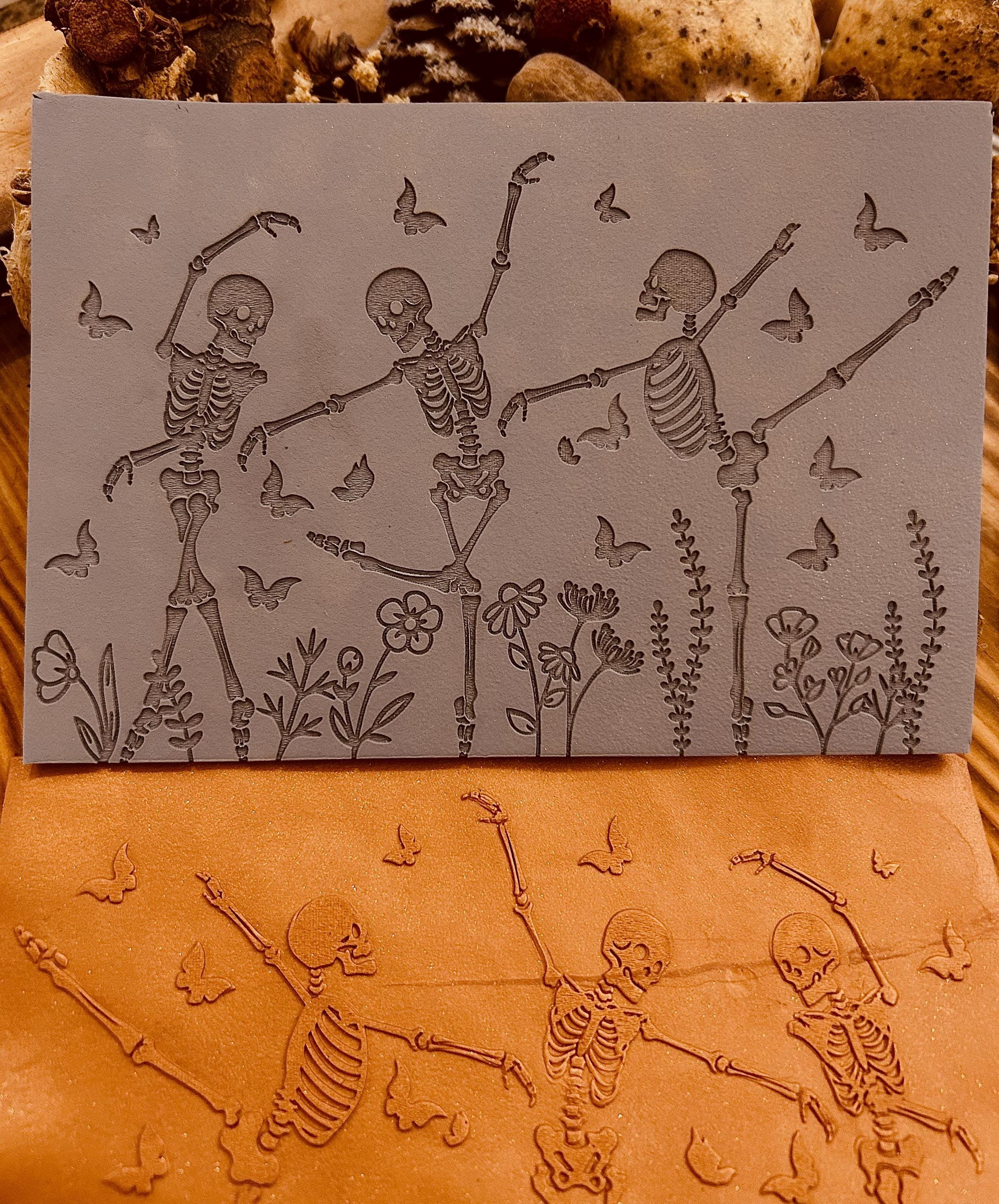 Halloween Dancing Skeleton and Butterfly Pattern Rubber Texture Mat | 10x14 cm | For Polymer Clay, Air Dry Clay, Silver Clay