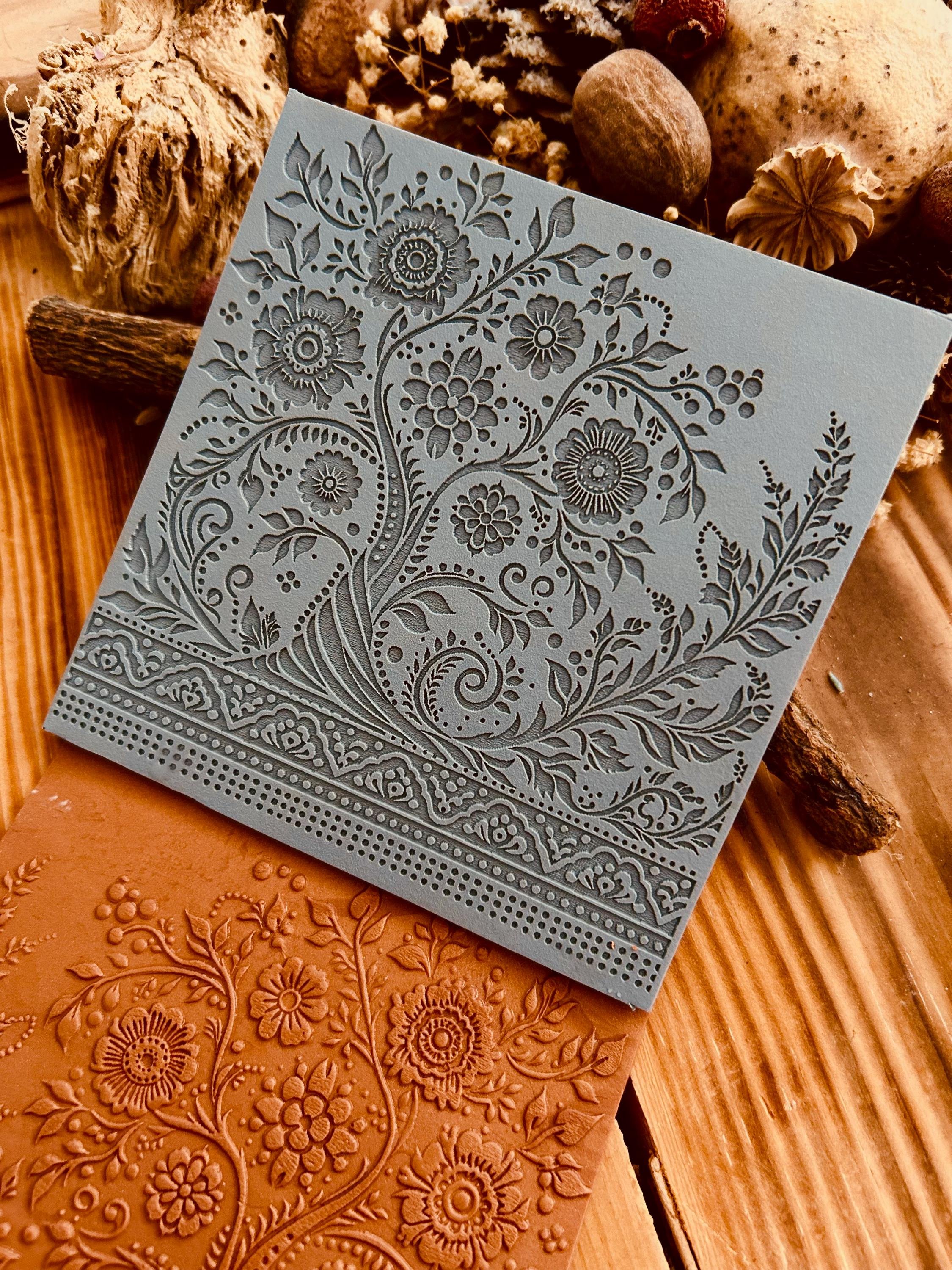Flowers and Tree Acrylic Texture Mat – 10x10cm Polymer Clay Texture Sheet | Nature Pattern Plaque | Earring Making Tool | Fimo, Cernit, Sculpey Compatible