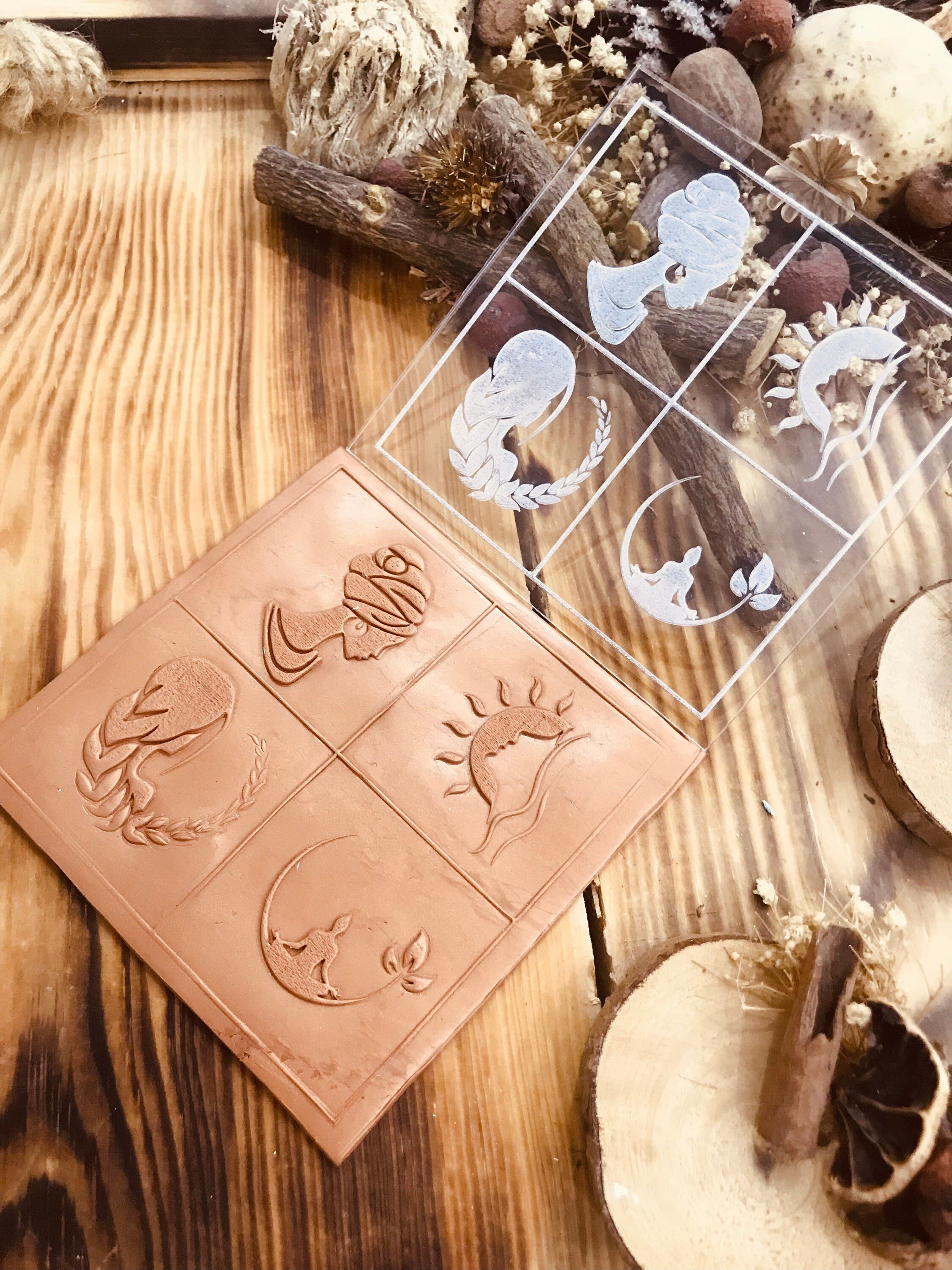 Women Symbol Texture Stamp – 4 Feminine World Symbols Mold for Polymer Clay, Air Dry Clay & Metal Clay | 10x10 cm Rubber or Acrylic