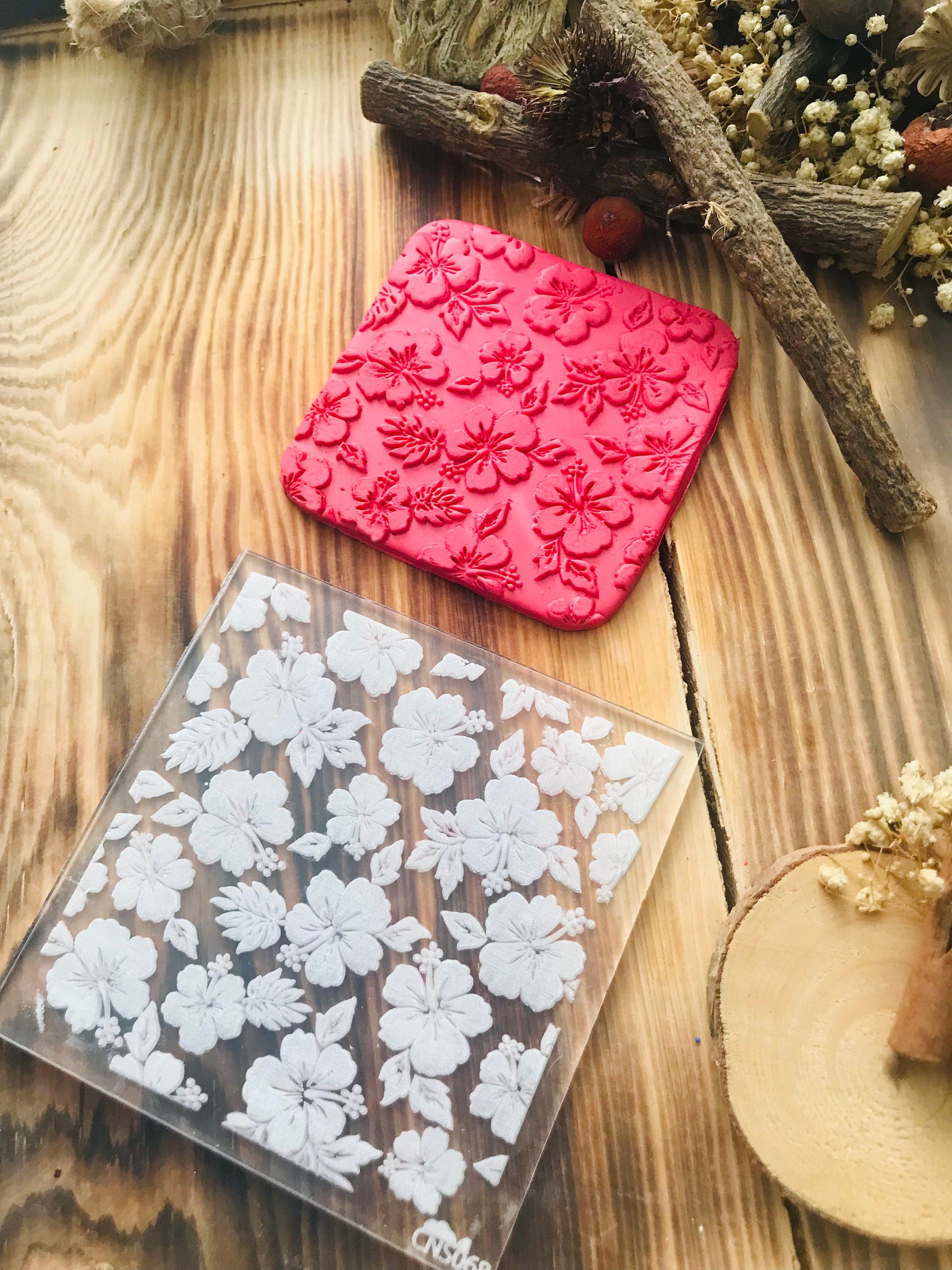 Hibiscus Texture Mat, Polymer Clay Debossing Stamp, Acrylic Impression Mat, Texture Sheet, Pottery Tool, Ceramic Supplies, Texture Tile