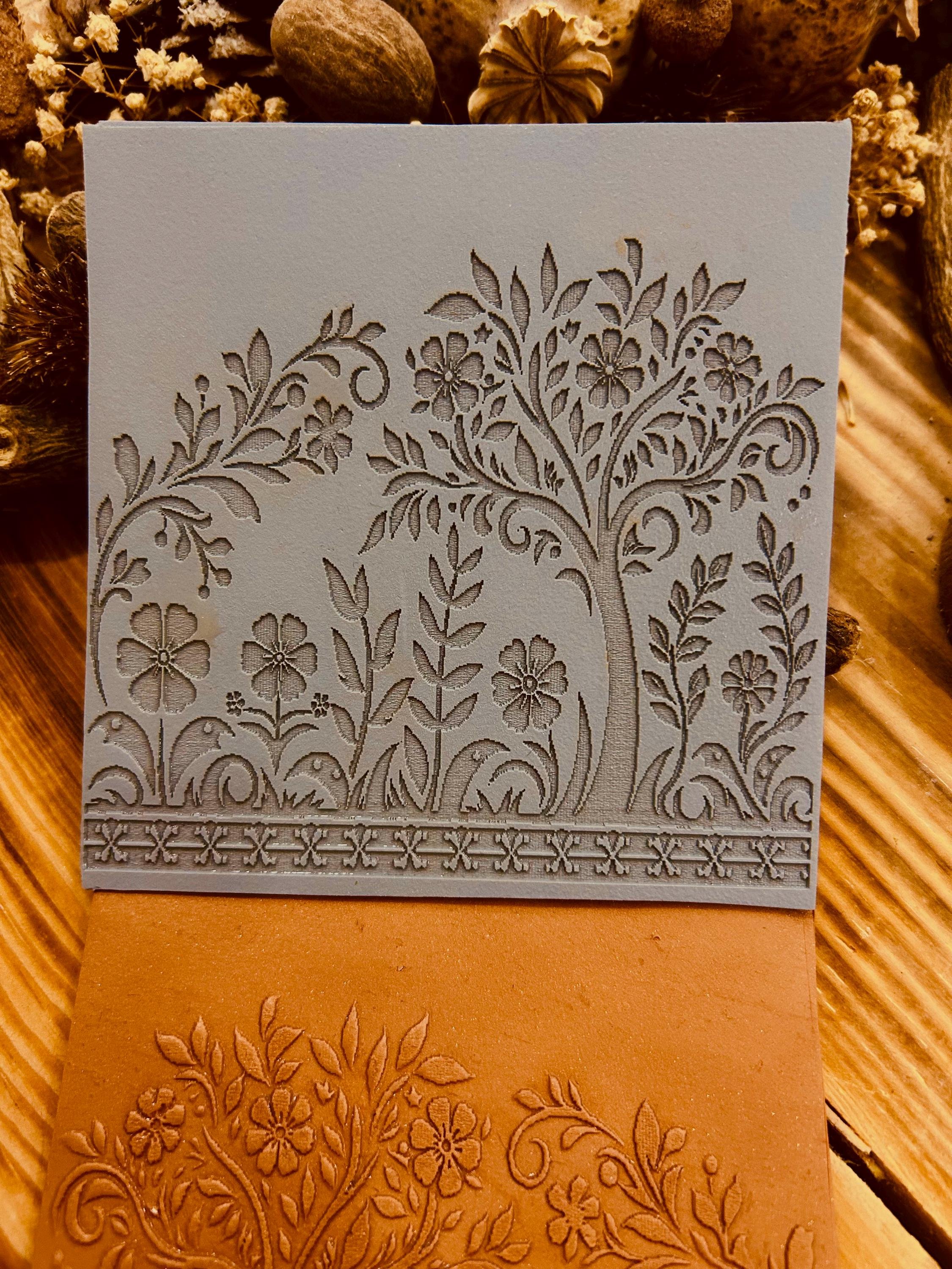 Flowers and Tree Acrylic Texture Mat – 10x10cm Polymer Clay Texture Sheet | Botanical Pattern Stamp for Earrings, Mugs, Crafts | Fimo Sculpey Cernit Compatible