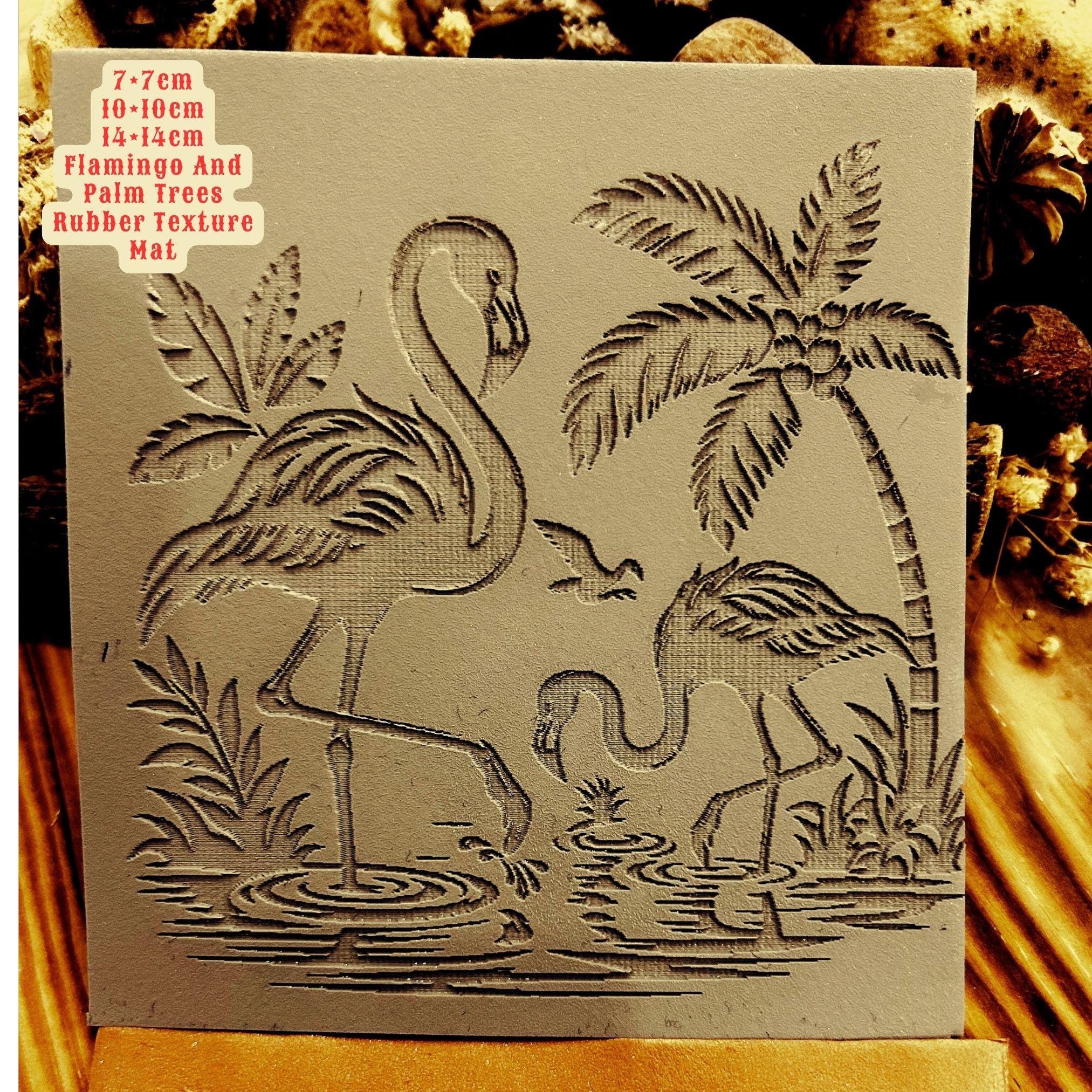Flamingo and Palm Trees Texture Mat – Tropical Rubber Stamp for Polymer Clay , Air Dry Clay & Fondant | 7x7, 10x10, 14x14 cm