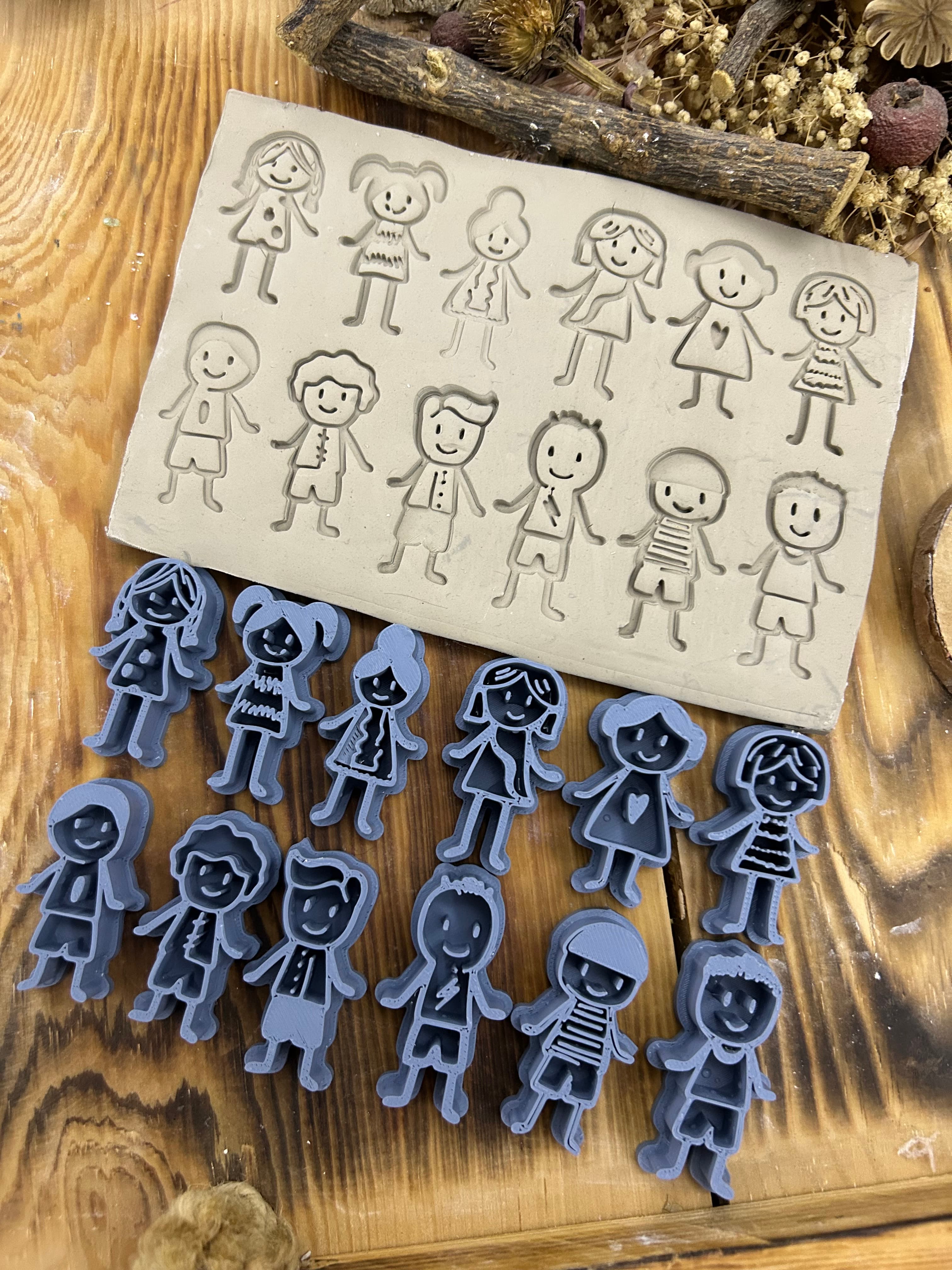 12 Doodle Friends Stamp Set – 12 Cute Boy & Girl Stamps for Polymer Clay, Air Dry Clay, Soap, Wax And Cookie Dough