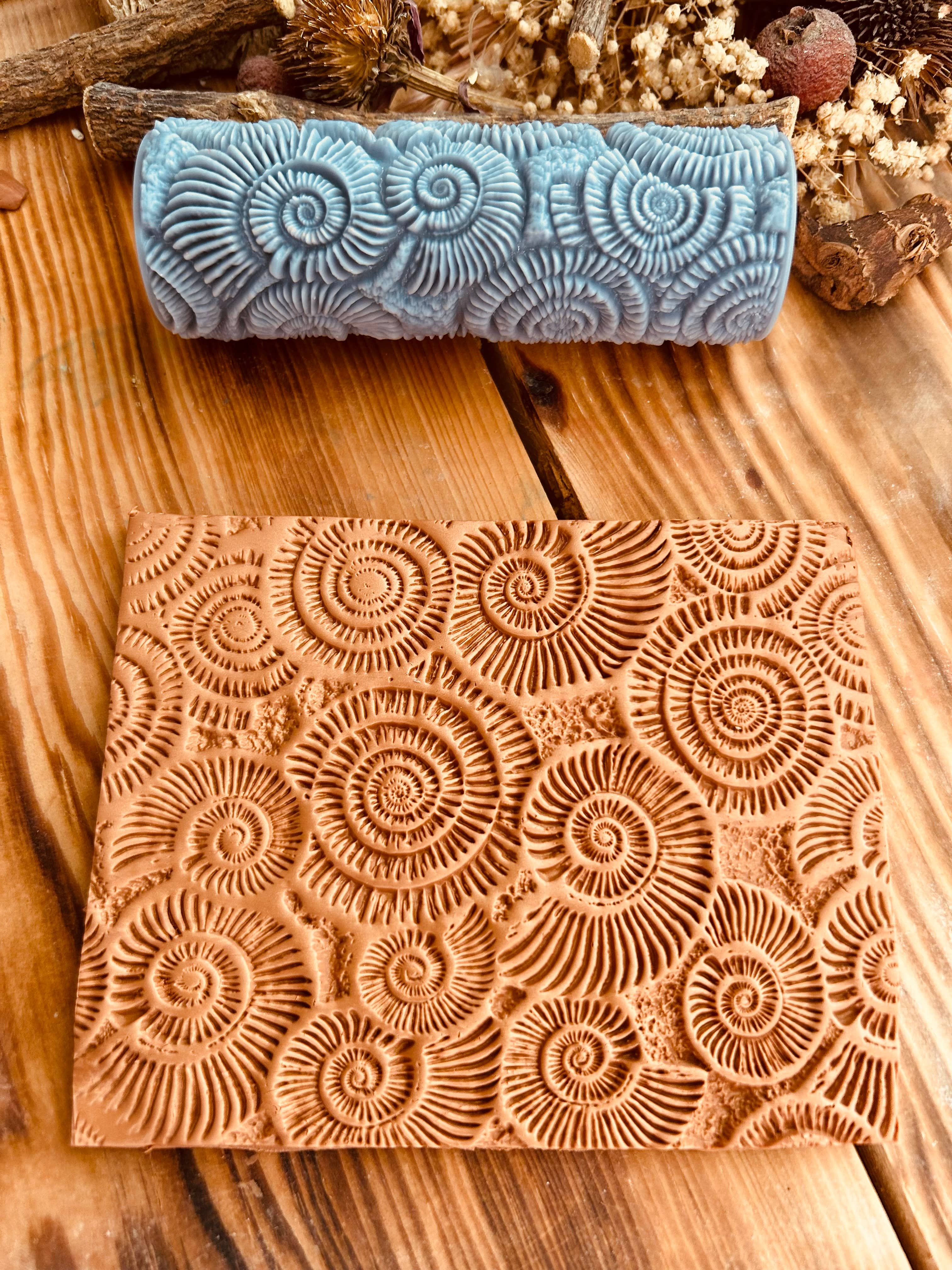 3D Ammonite Fossil Texture Roller: Polymer Clay, Soap, Cookie Dough - 10cm