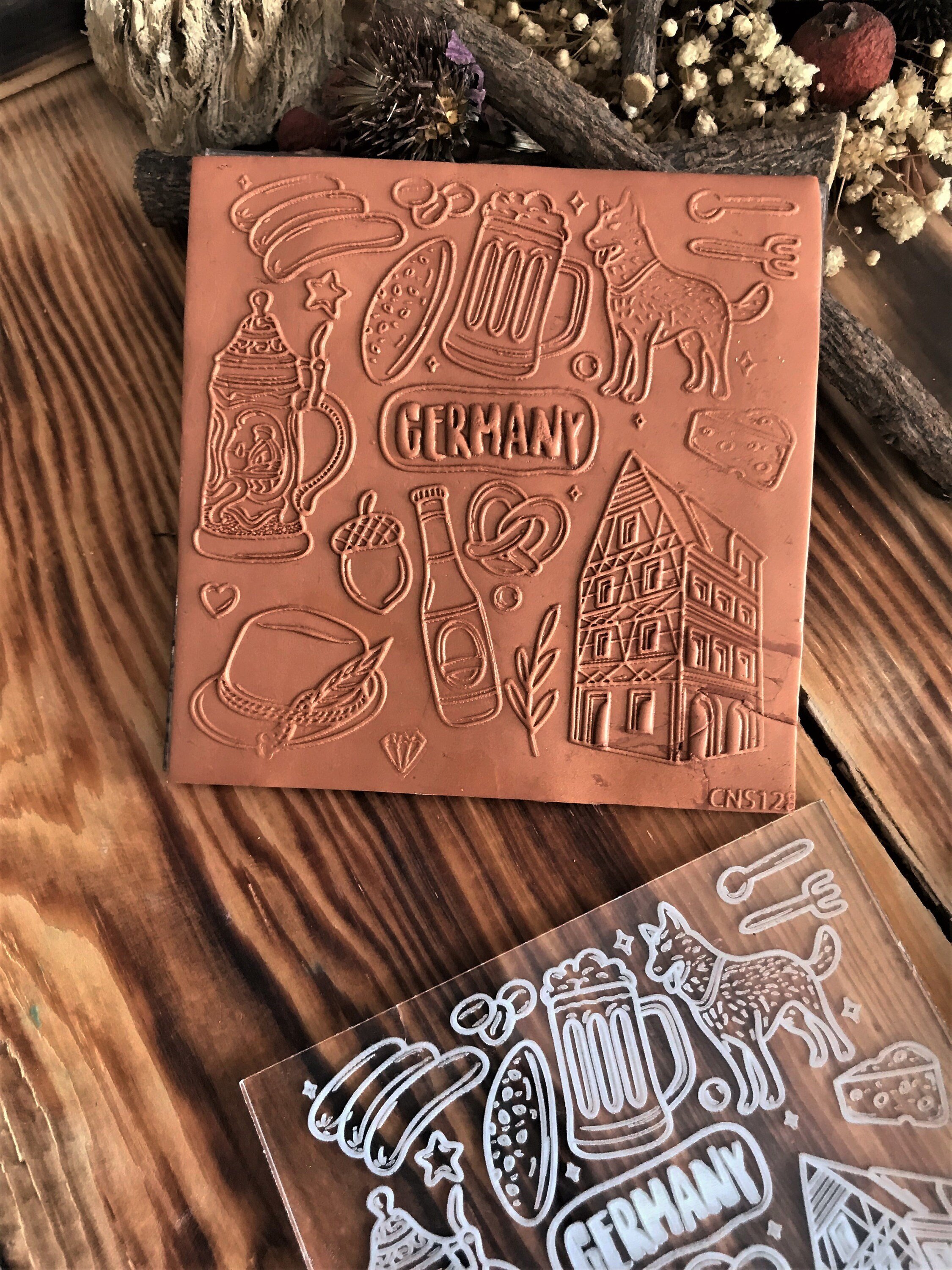 German Symbols Texture Mat – 10×10 cm Acrylic & Rubber Embossing Stamp for Polymer Clay, Ceramic, and Cake Decorating