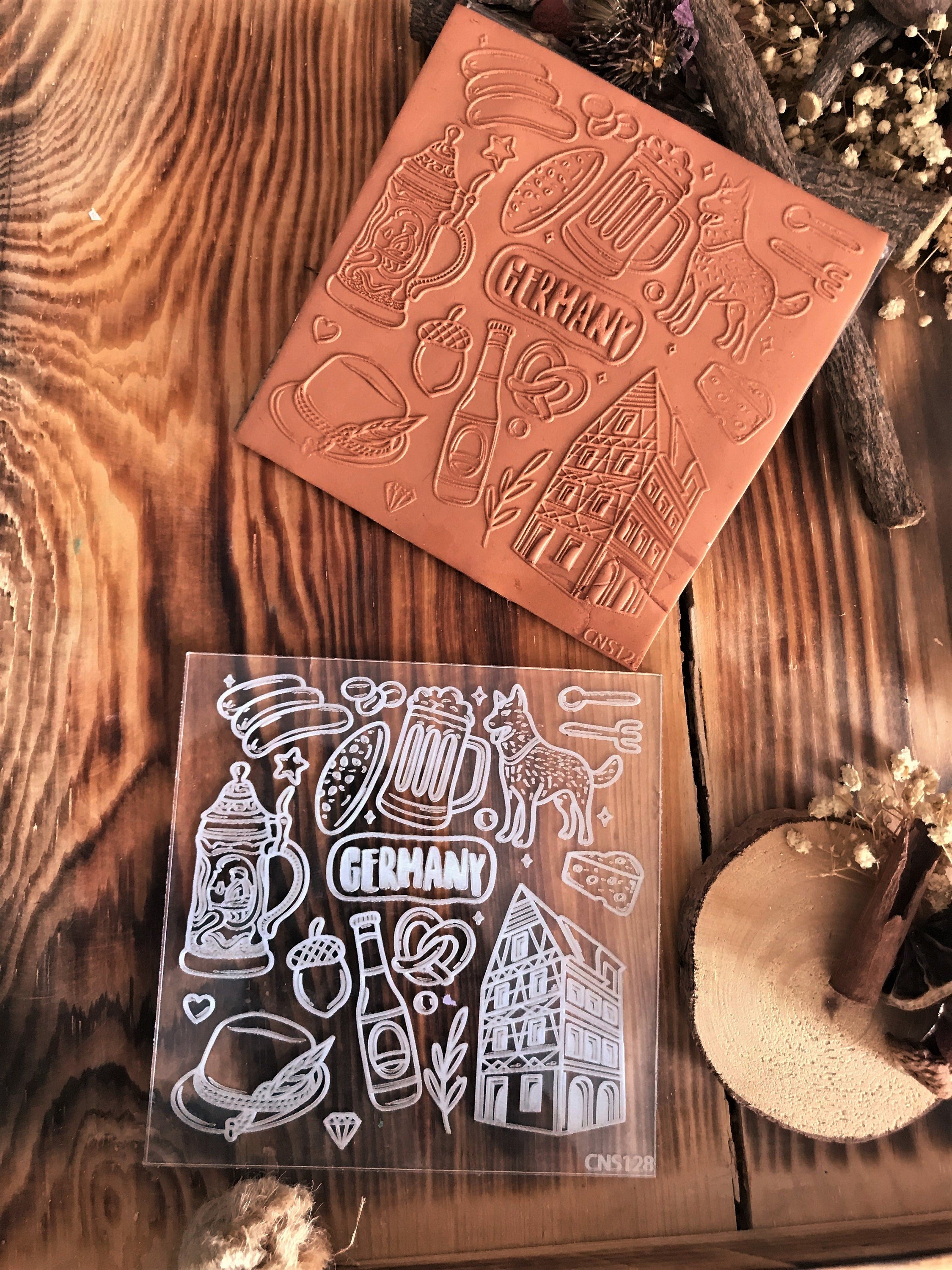 German Symbols Texture Mat – 10×10 cm Acrylic & Rubber Embossing Stamp for Polymer Clay, Ceramic, and Cake Decorating