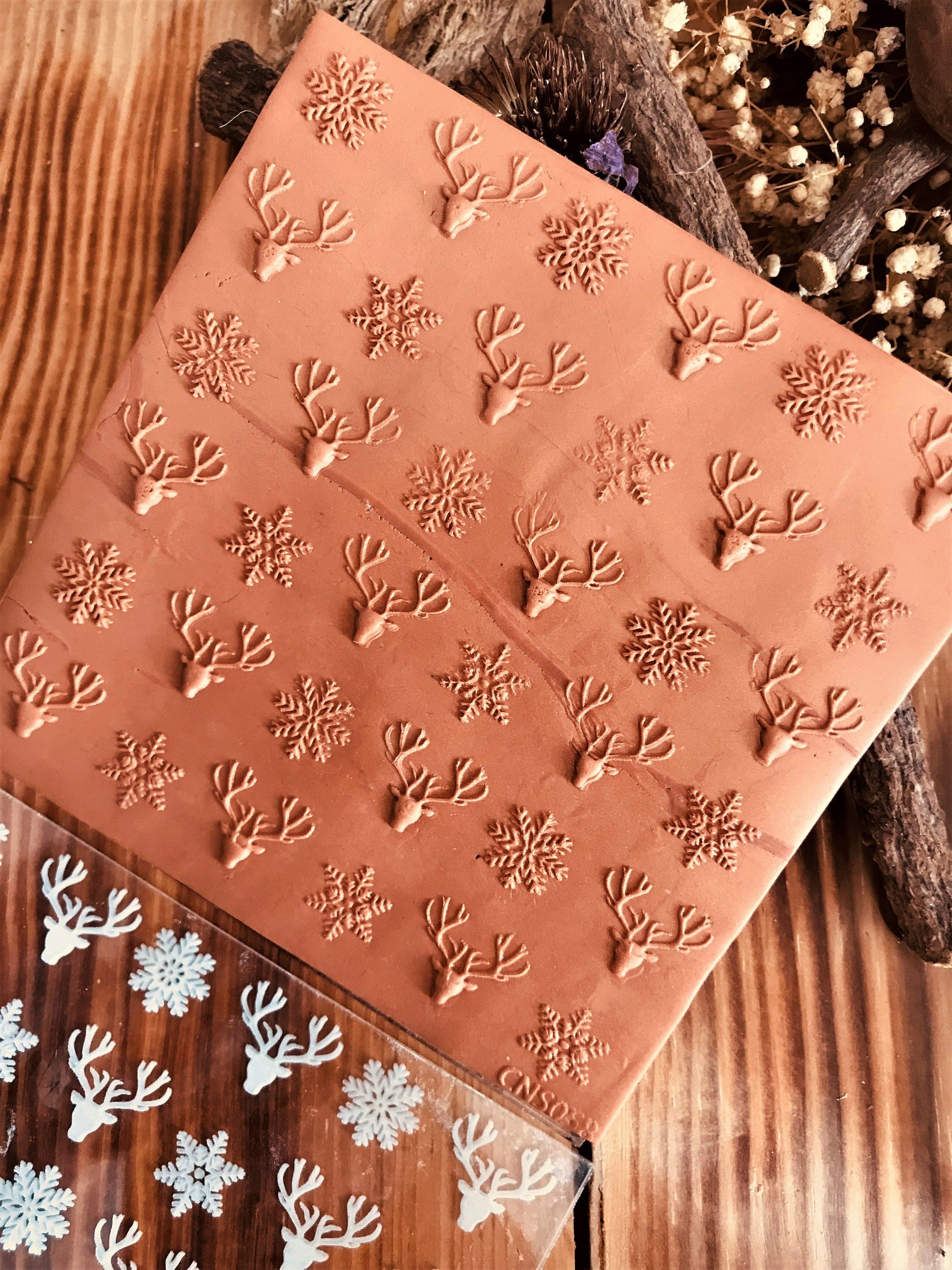 Deer and Snowflake Acrylic Embossing Stamp – 10x10 cm Texture Plate for Polymer Clay, Fondant, Air Dry Clay & Cookie Embossing
