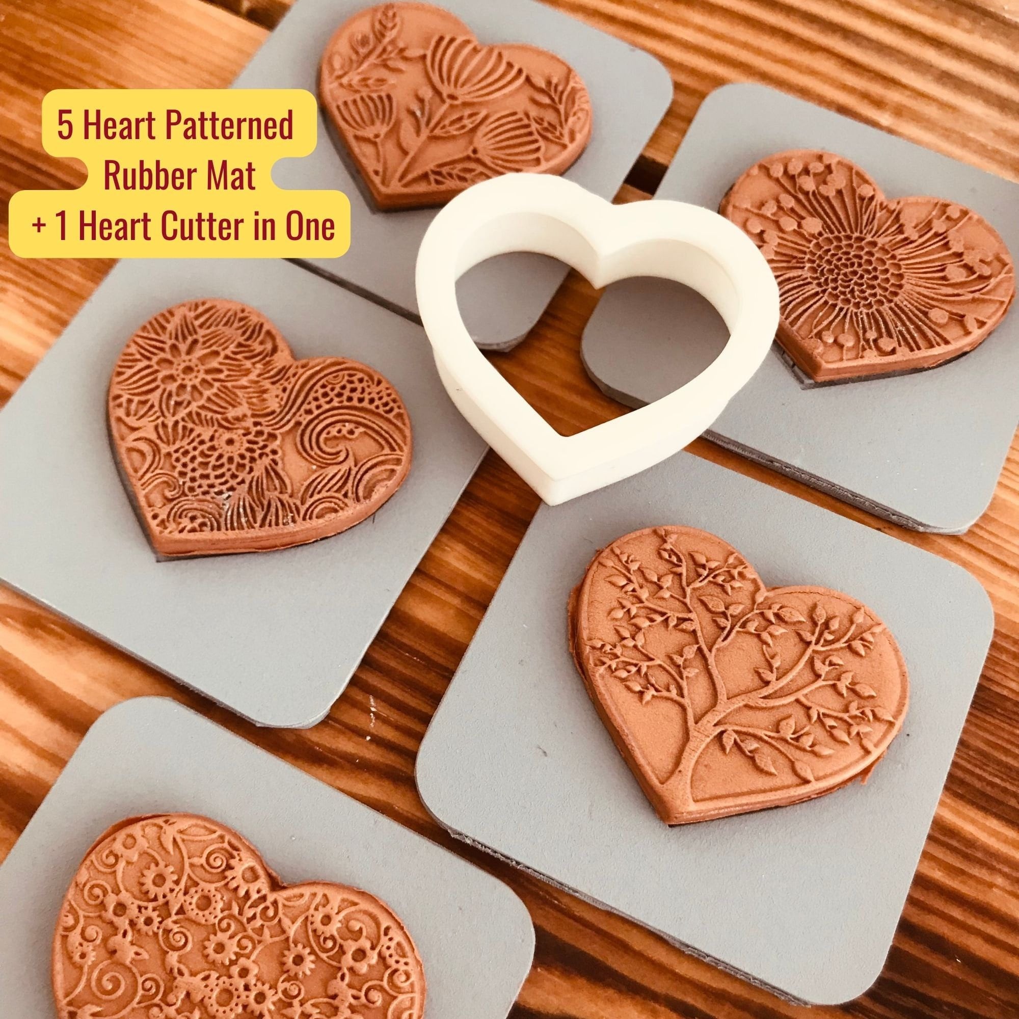 ❤️ 5 Heart Patterned Rubber Texture Mats + Bonus Heart Cutter – Perfect for Polymer Clay & More! ❤️