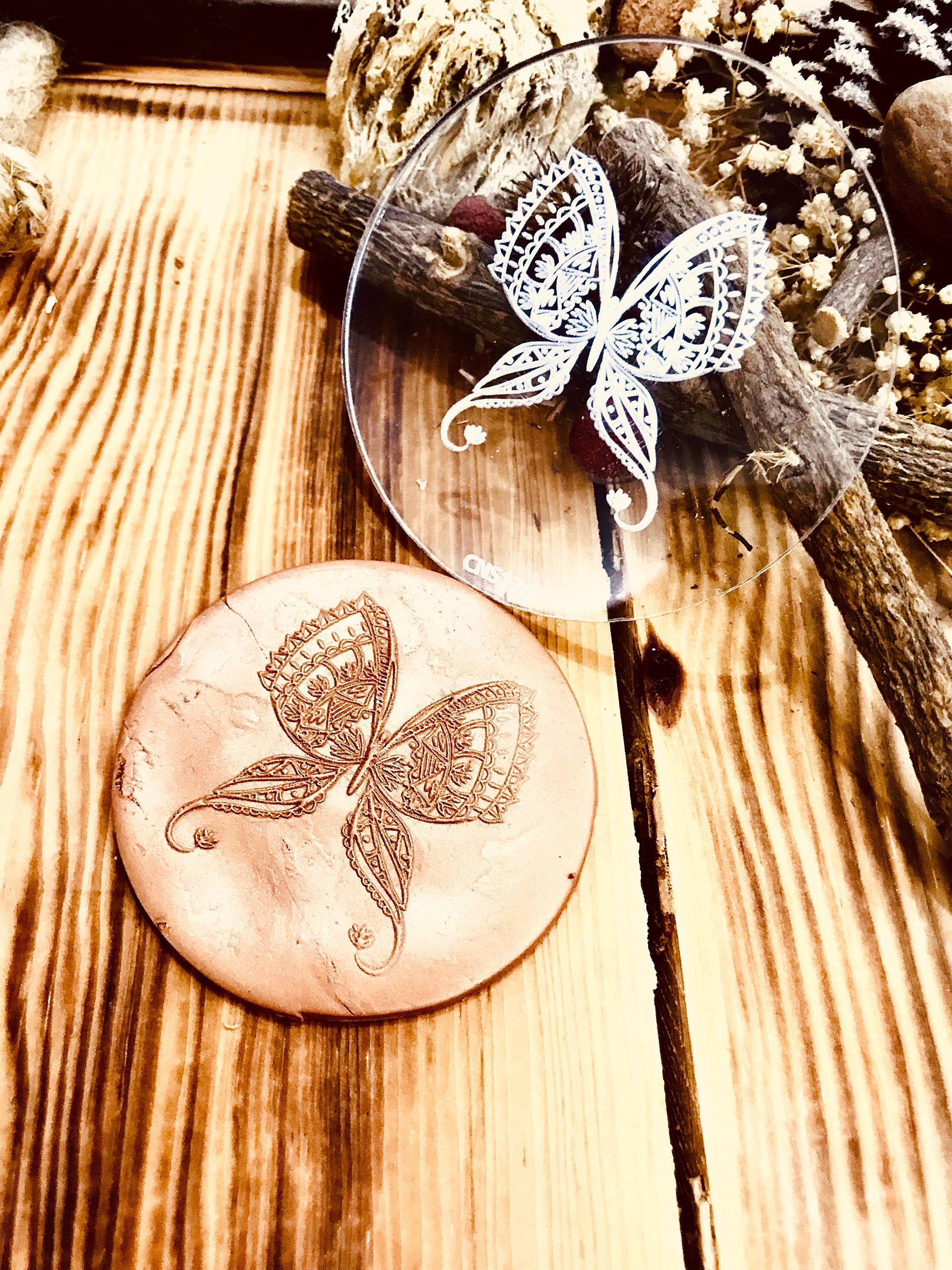 Butterfly Mandala Rubber And Acrylic Texture Mat Stamp for Polymer Clay, Acrylic Clay Tool, Ceramic Pattern Supplies, Crafting Texture Sheet