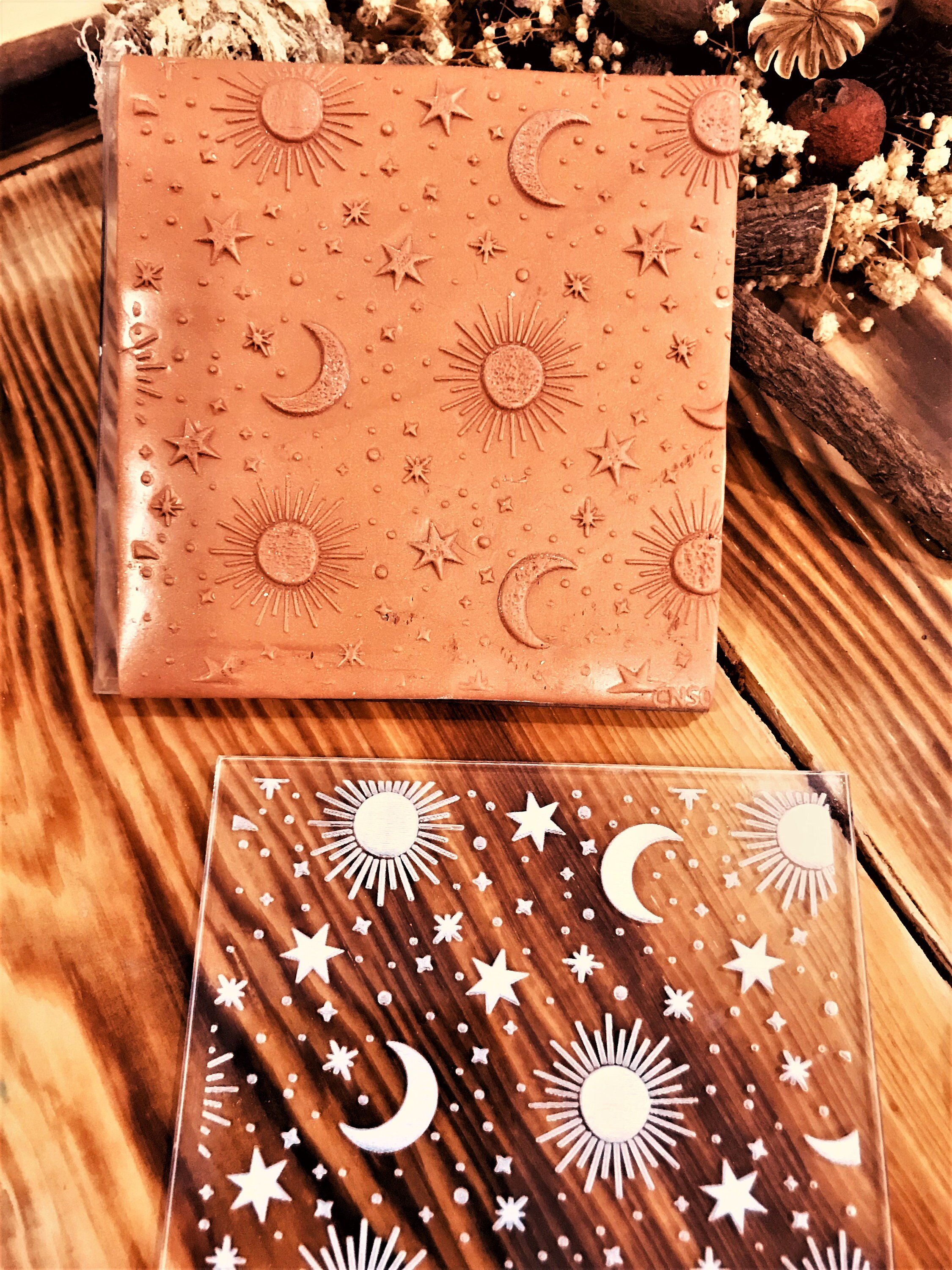 Moon, Sun and Star Pattern Texture Mat, Embossing Stamp For Polymer Clay, Night Symbols, Acrylic texture tool, Texture Sheet