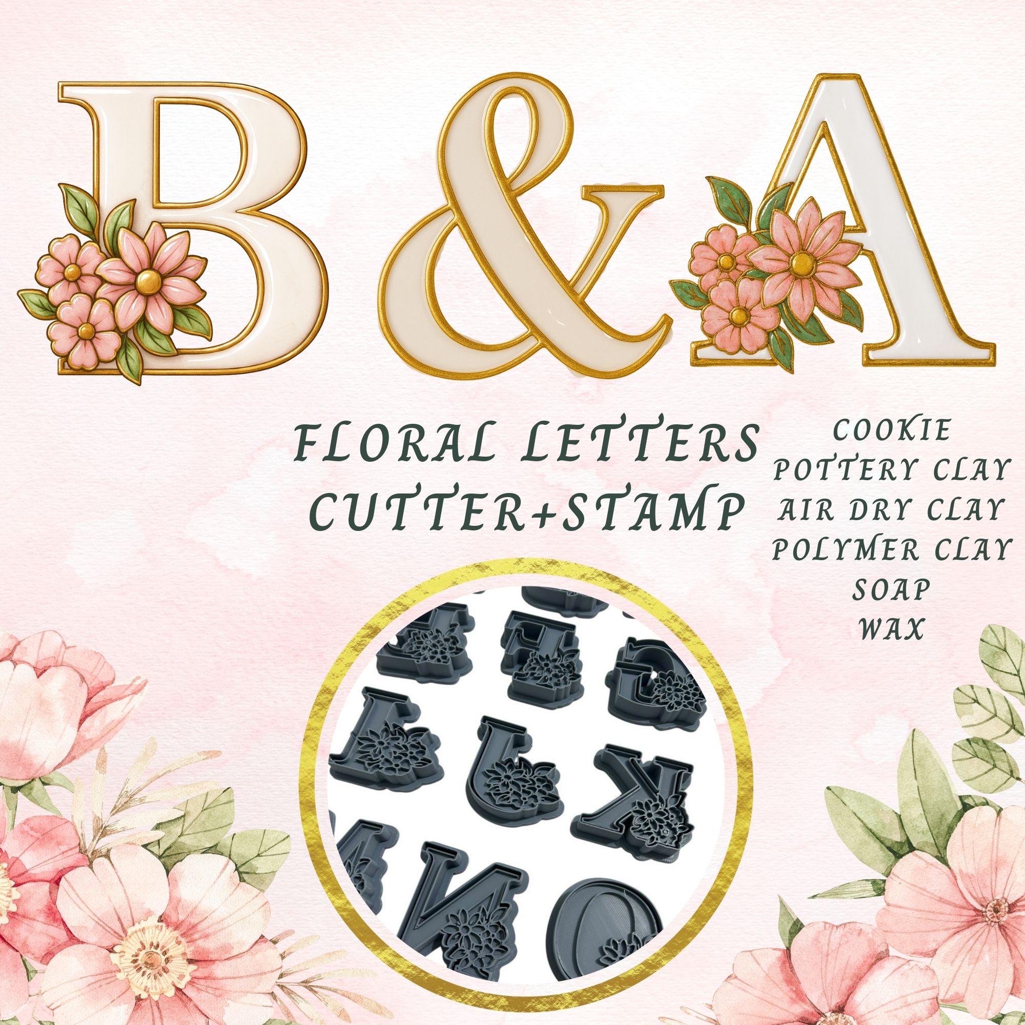 Çiçekli Alfabe Harf Damga + Kesici | 6 cm | Tek Harf veya A–Z Set | Kurabiye, Hava ile Kuruyan Kil, Polimer Kil, Sabun ve Mum İçin