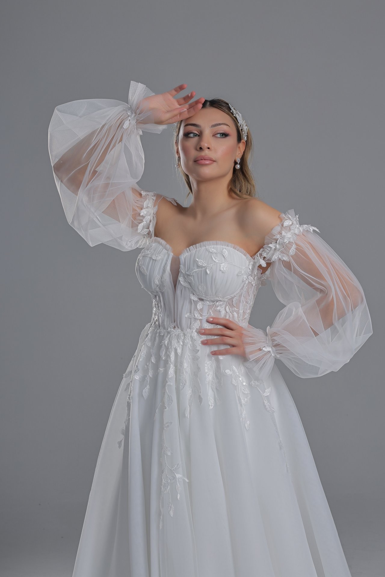 Julia Drapeli Straplez Balon Kollu Helen Model Gelinlik
