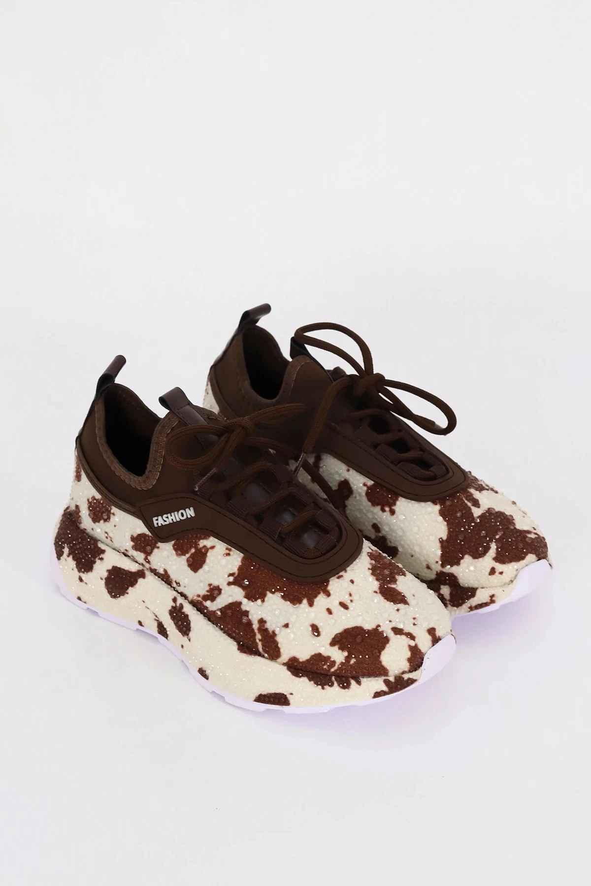 PRN 116-1 Desenli Taş Detaylı Spor Ayakkabı - BEJ-KAHVE DESEN