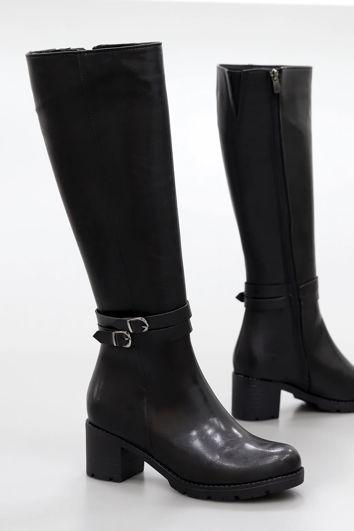 BLN 746 Çift Toka Detaylı Diz Altı Çizme - SİYAH DERİ