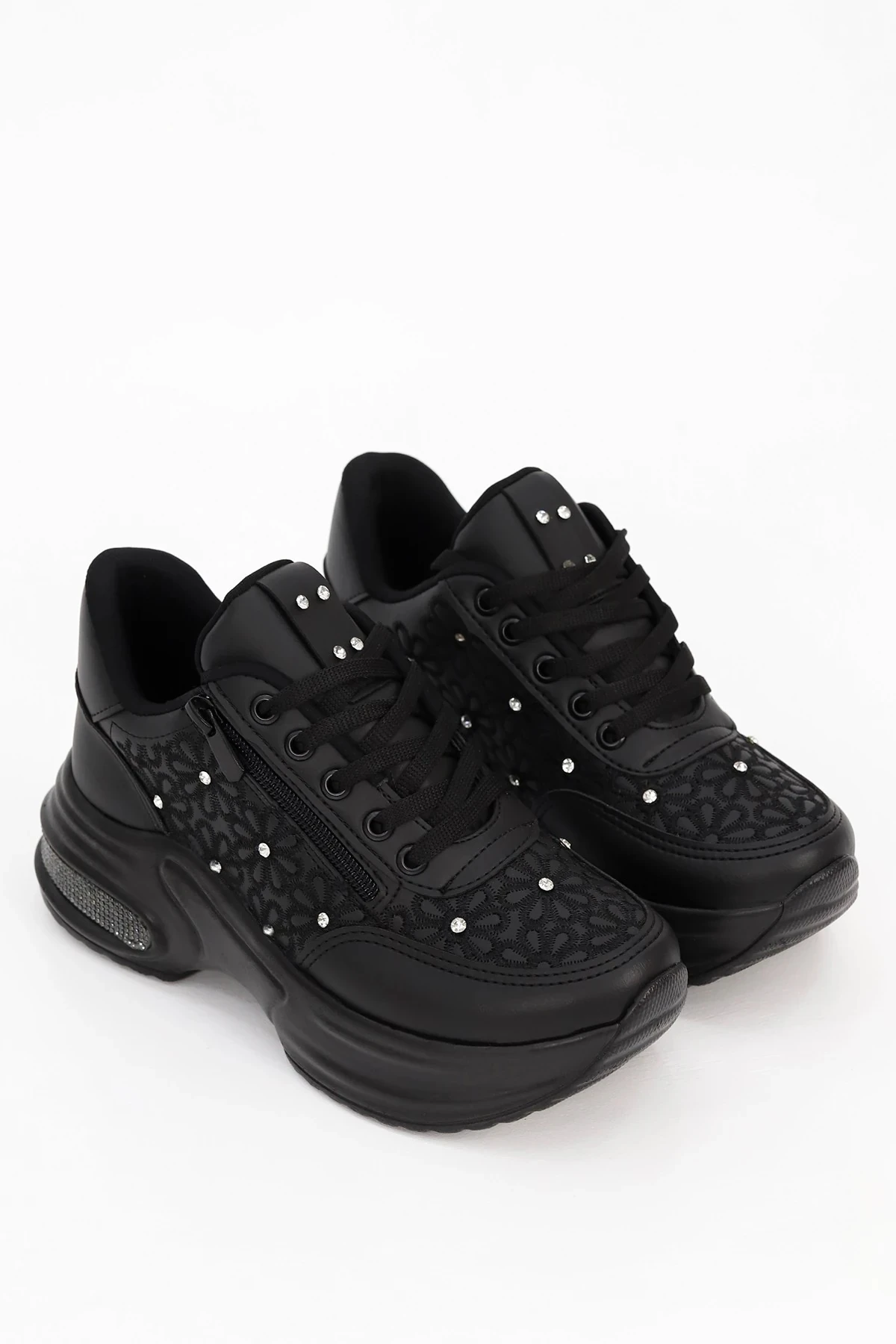 MDLN 492 Çiçek Motifli Taş Detaylı Yan Fermuarlı Spor Ayakkabı - SİYAH