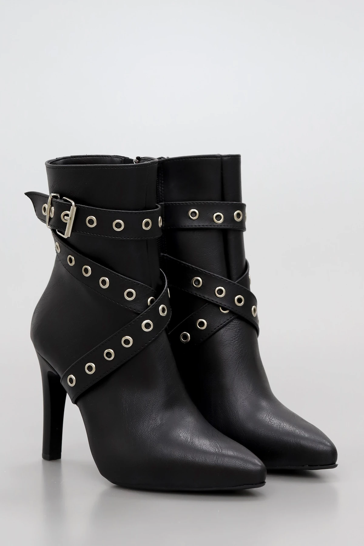 BLN 2401 Çapraz Kemer Detaylı İnce Topuklu Bot - SİYAH DERİ