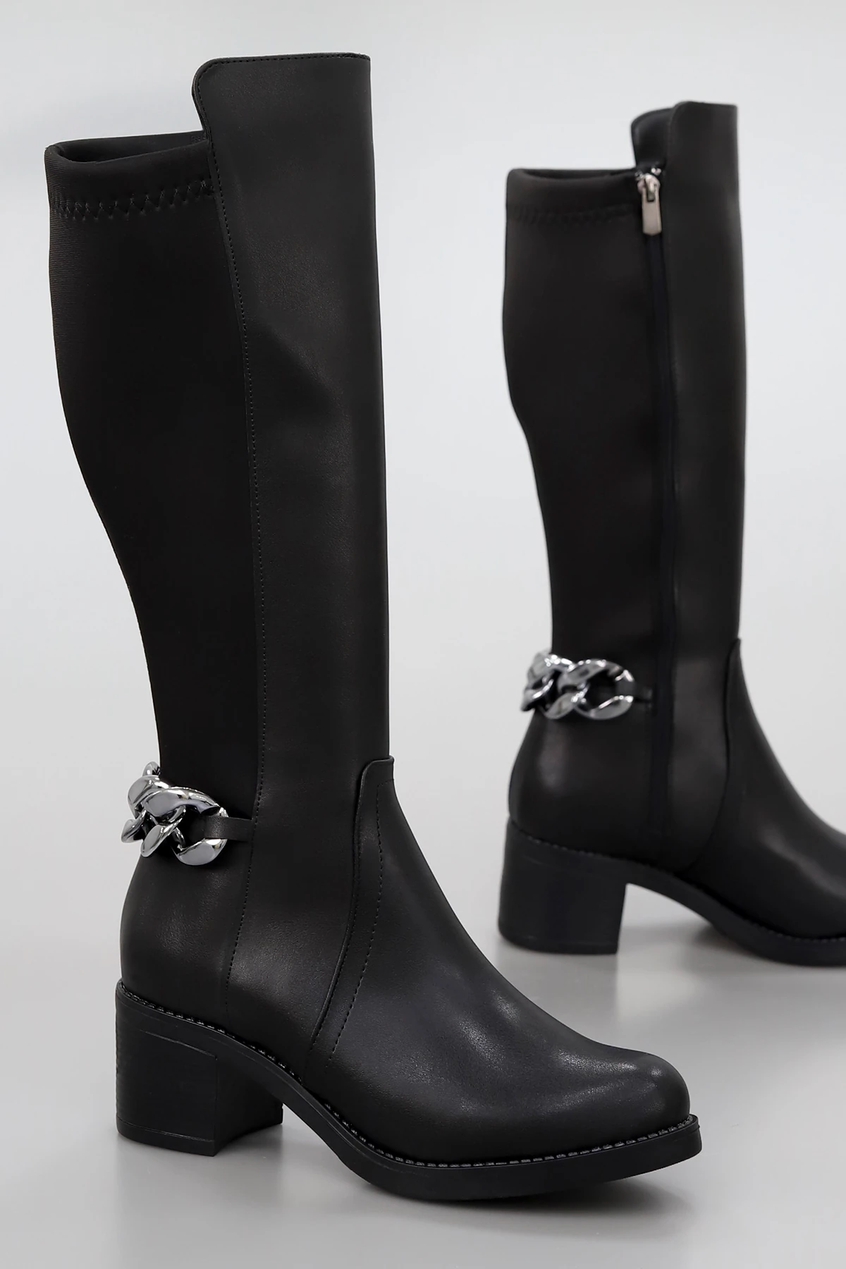 BLN 710 Metal Halka Toka Detaylı Streç Diz Altı Çizme