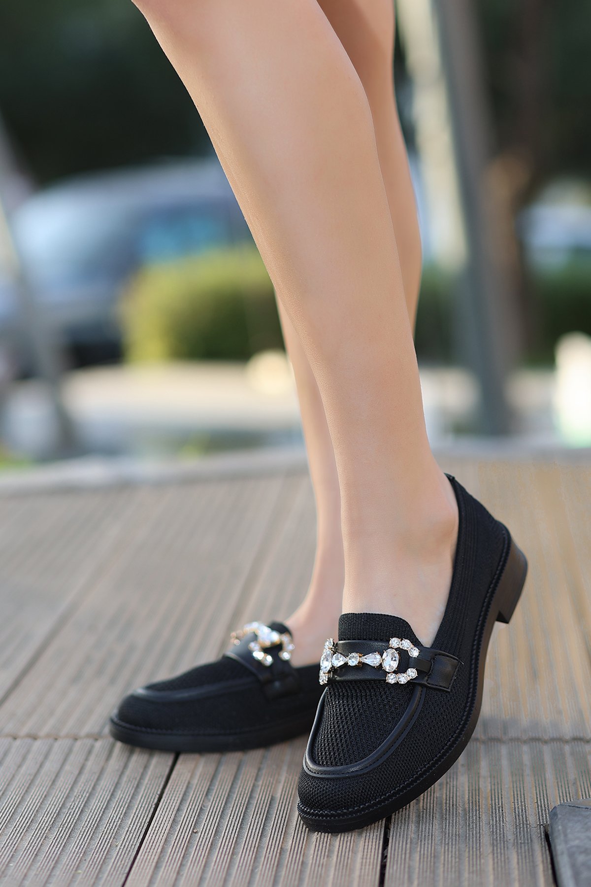 STN 002 Taş Detaylı Örgü Kumaş Loafer