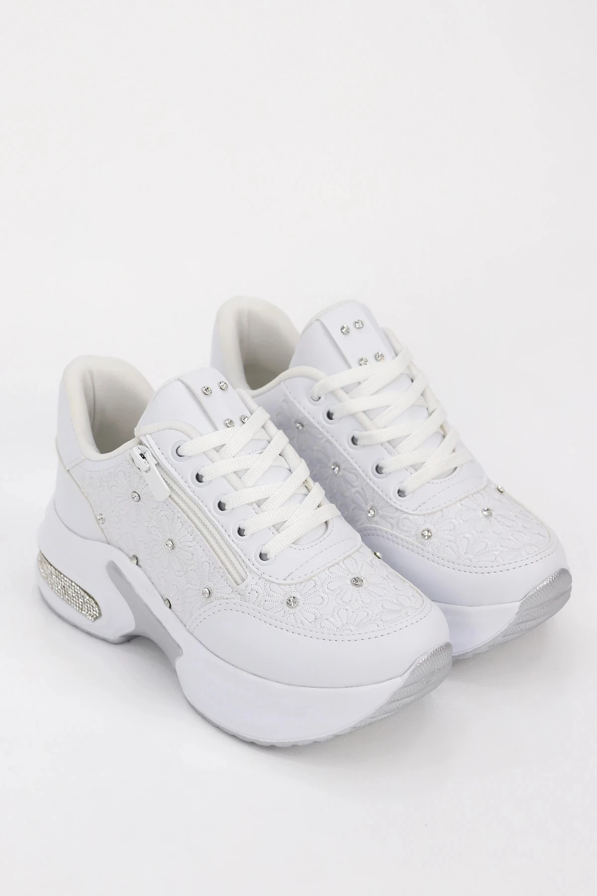 MDLN 492 Çiçek Motifli Taş Detaylı Yan Fermuarlı Spor Ayakkabı - BEYAZ