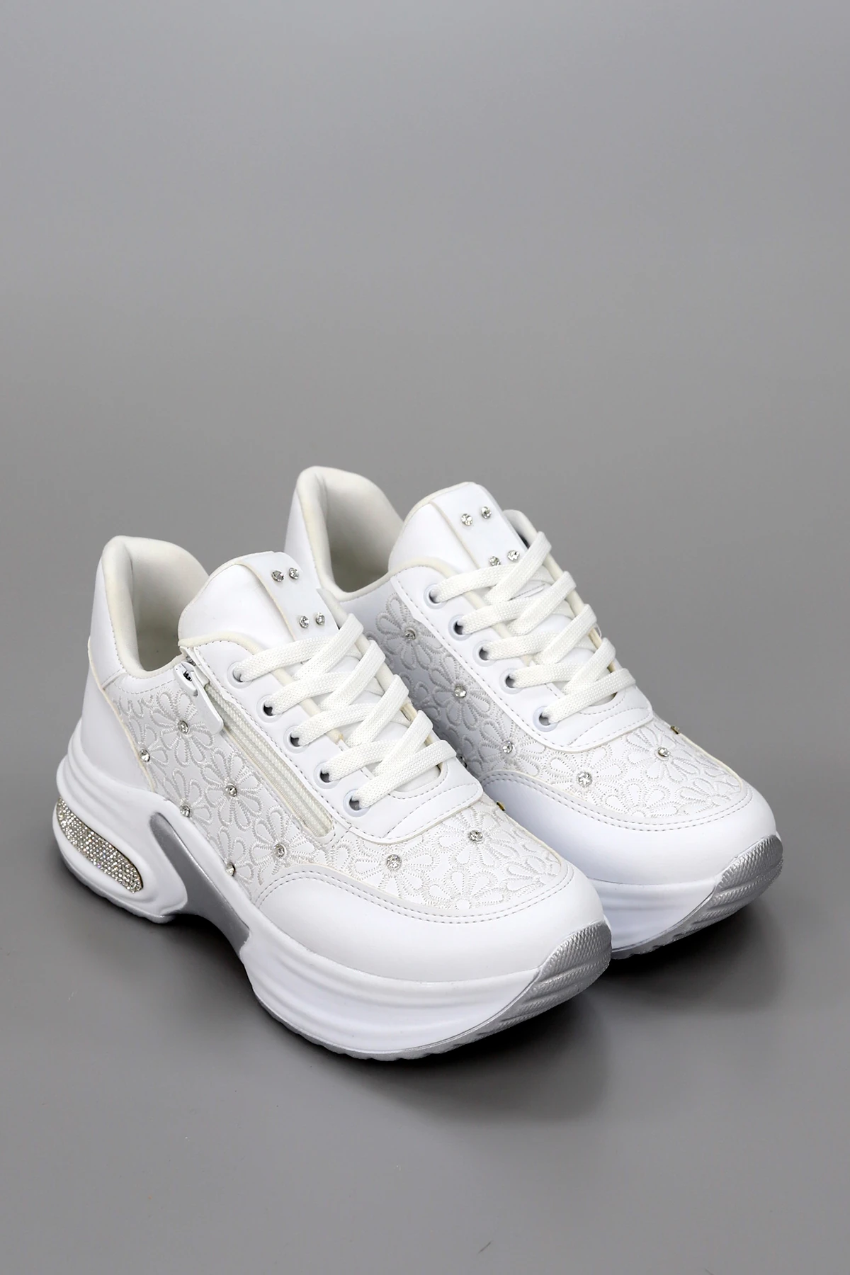 MDLN 492 Çiçek Motifli Taş Detaylı Yan Fermuarlı Spor Ayakkabı - BEYAZ