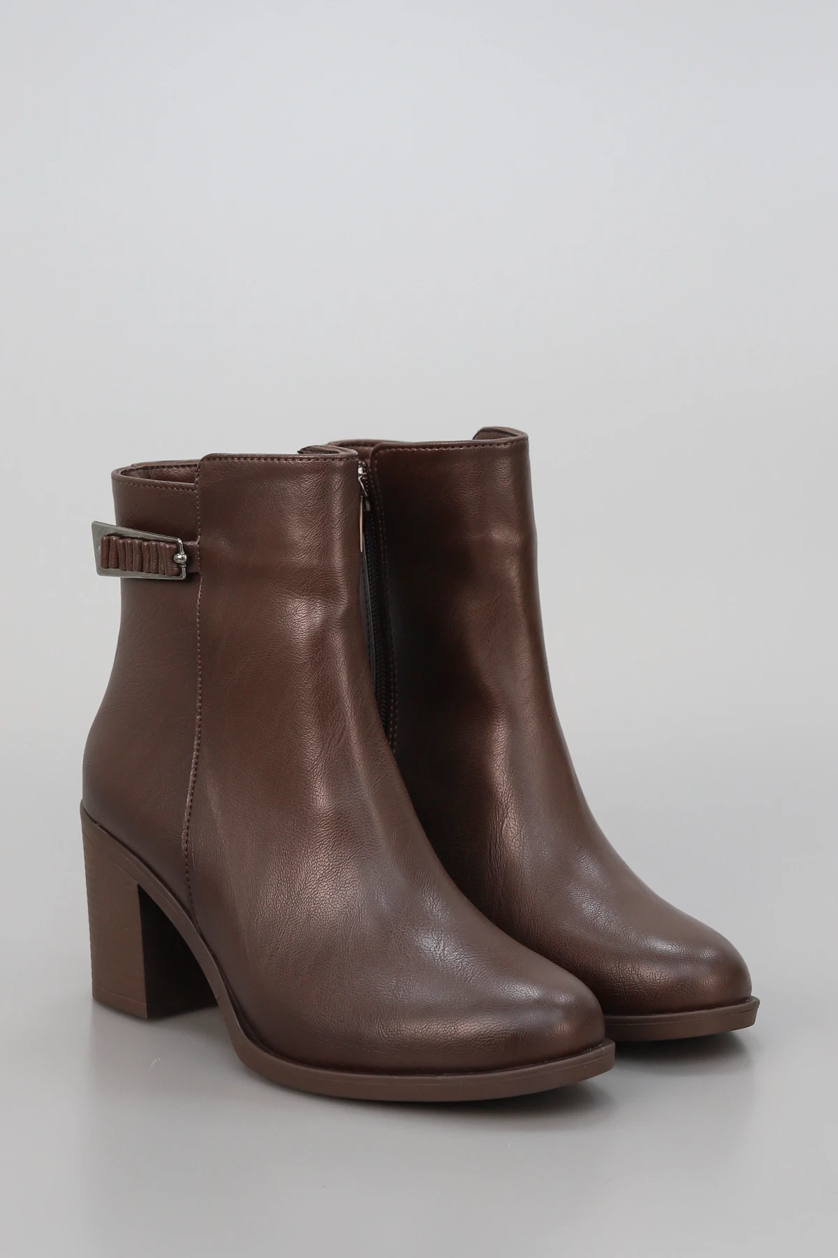 BLN SY410 Büzgülü Toka Detay Yüksek Tabanlı Kısa Bot - KAHVERENGİ DERİ