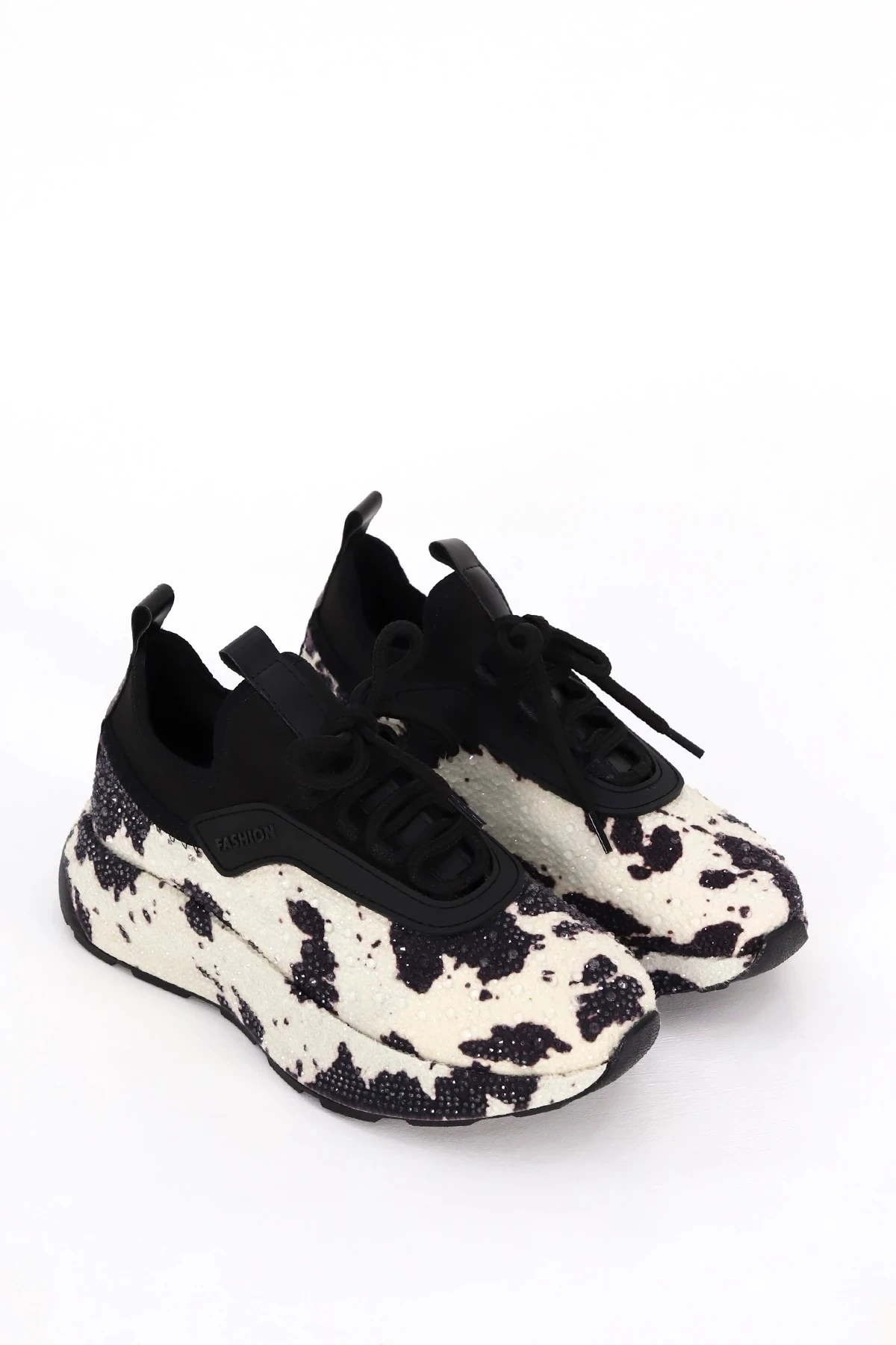 PRN 116-1 Desenli Taş Detaylı Spor Ayakkabı - BEYAZ-SİYAH