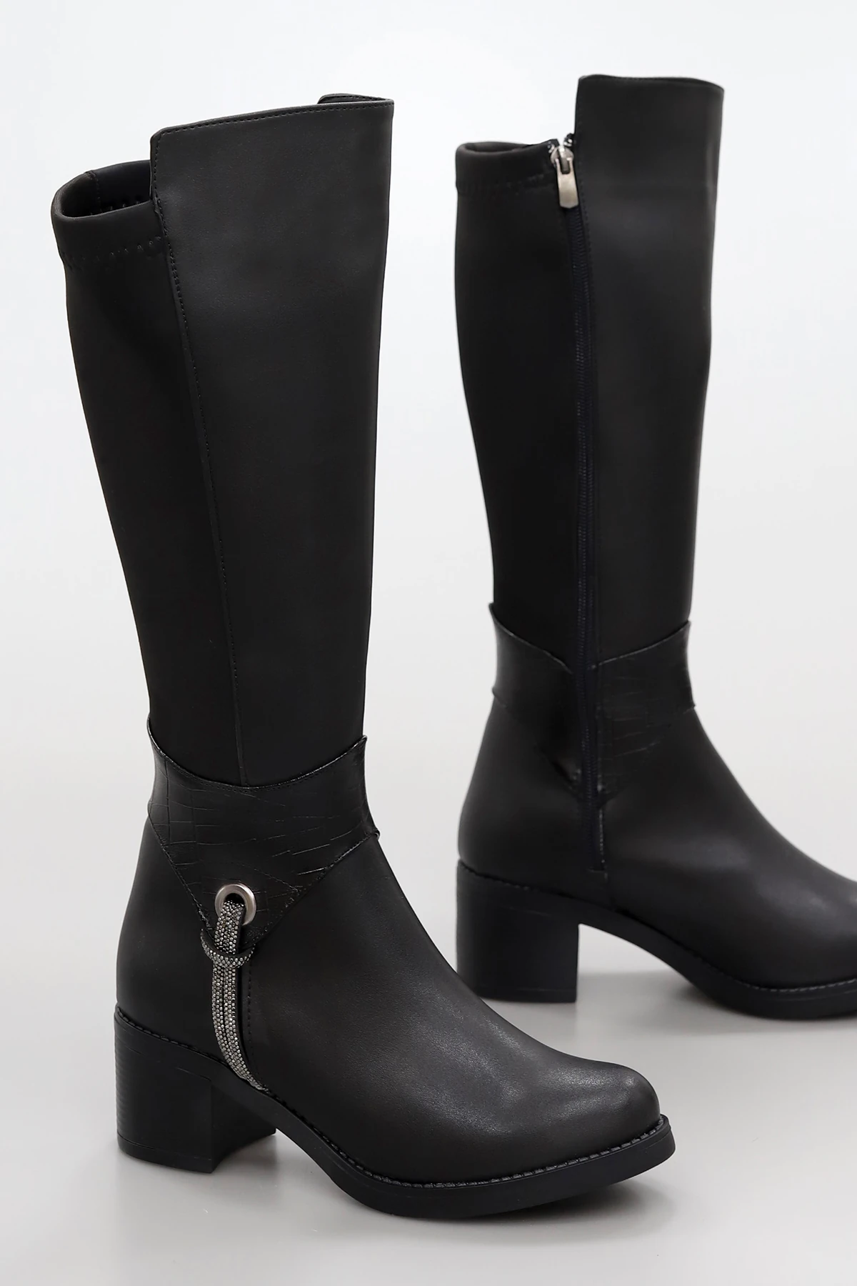 BLN 711 Taş Detaylı Arkası Streç Diz Altı Çizme