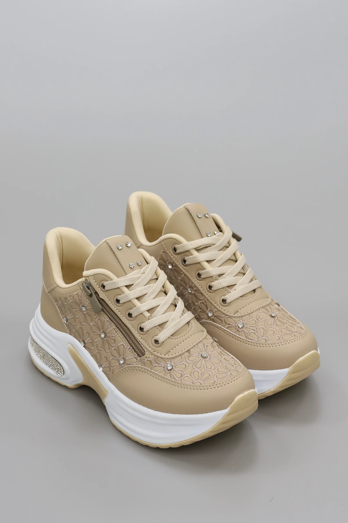 MDLN 492 Çiçek Motifli Taş Detaylı Yan Fermuarlı Spor Ayakkabı - BEJ