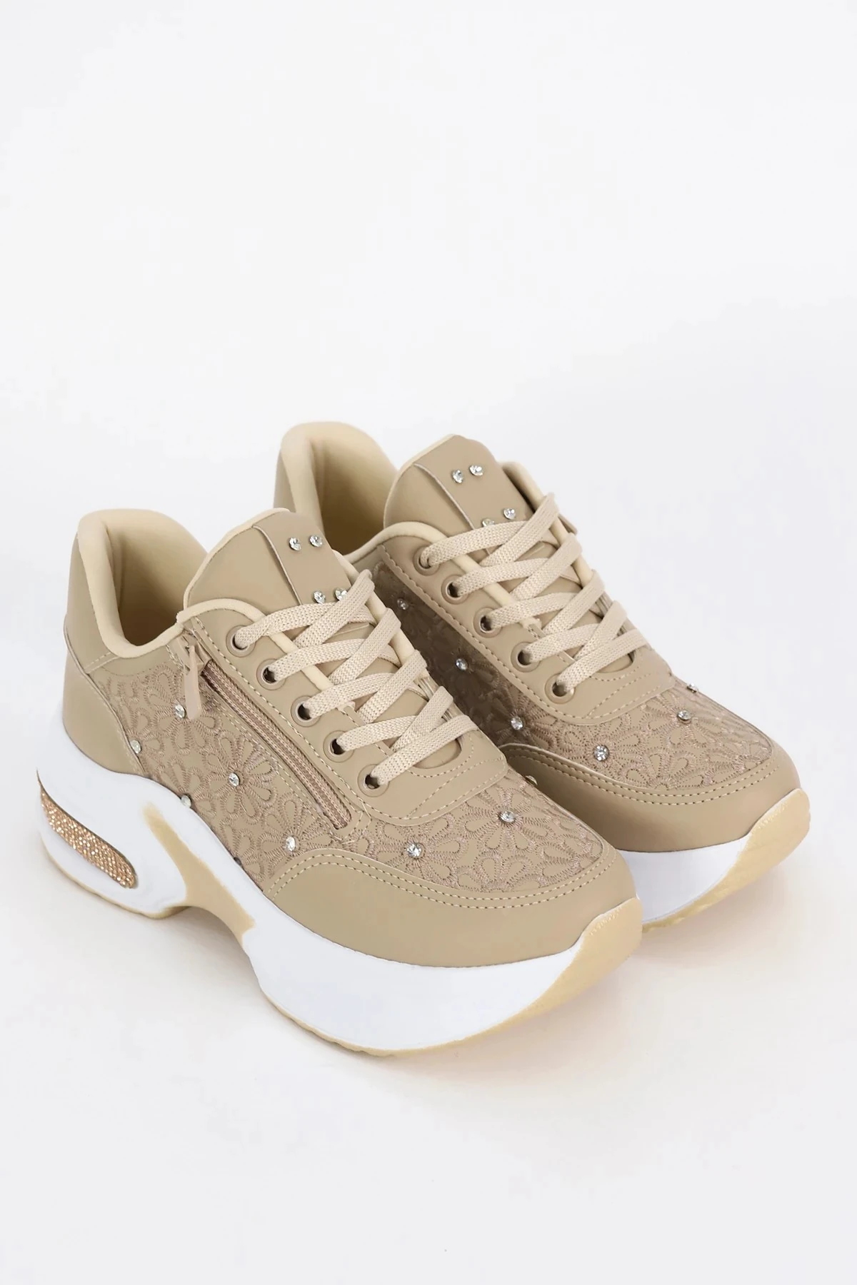 MDLN 492 Çiçek Motifli Taş Detaylı Yan Fermuarlı Spor Ayakkabı - BEJ