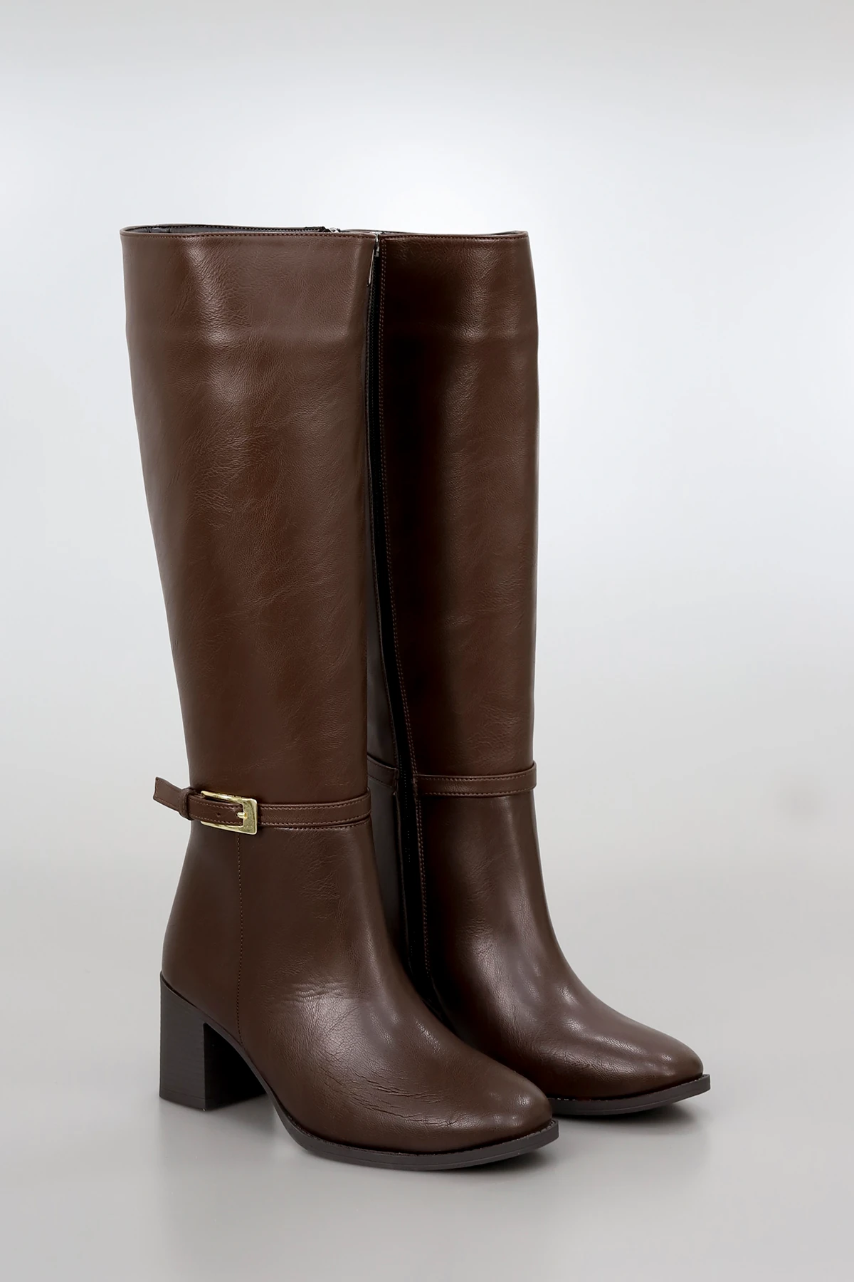 BTZK05 Kemer Detay Fermuarlı Çizme - KAHVERENGİ DERİ