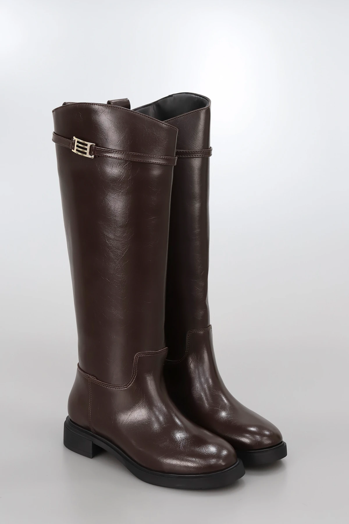 BTBR09 Düz Tabanlı Fermuarsız Çizme - KAHVERENGİ DERİ