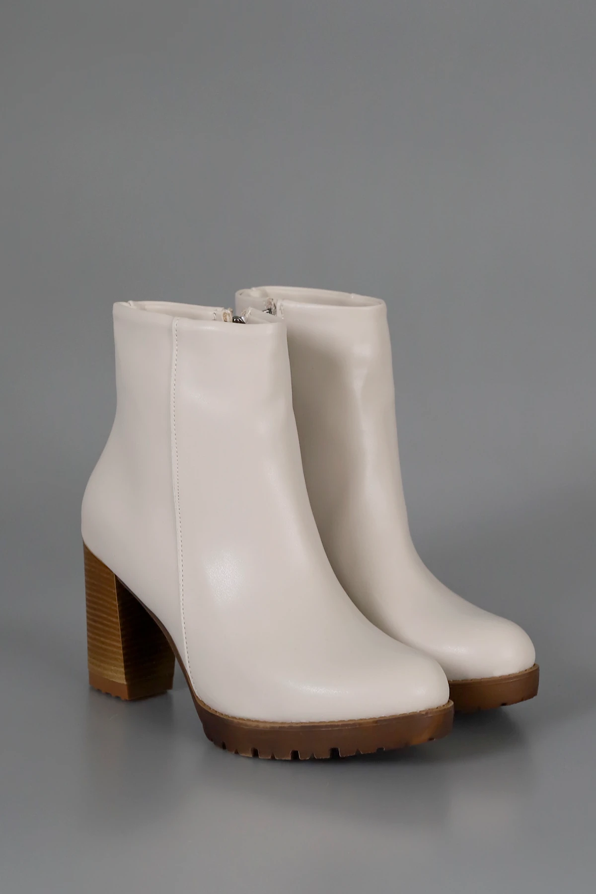 STR 700 Kalın Topuklu Fermuarlı Bot - BEJ