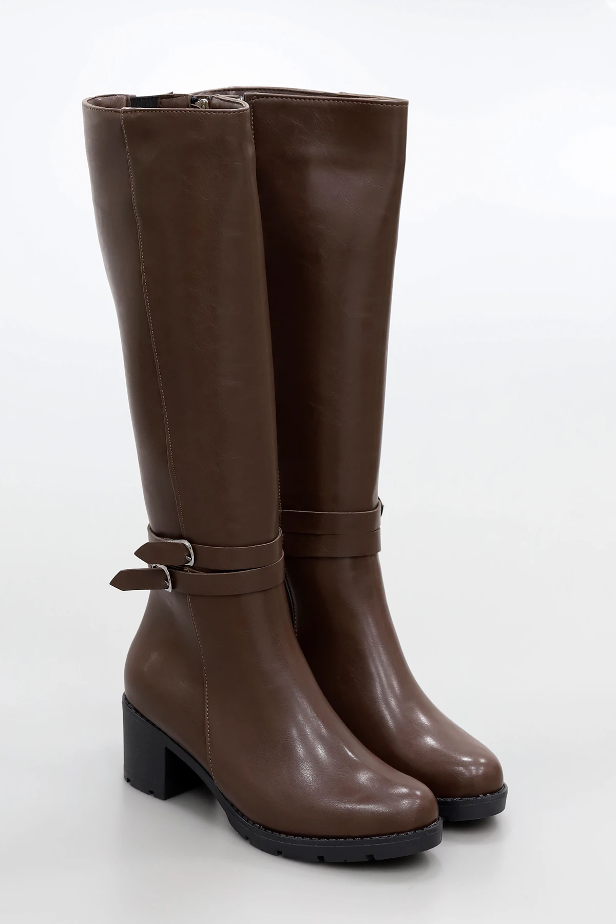 BLN 746 Çift Toka Detaylı Diz Altı Çizme - KAHVERENGİ DERİ