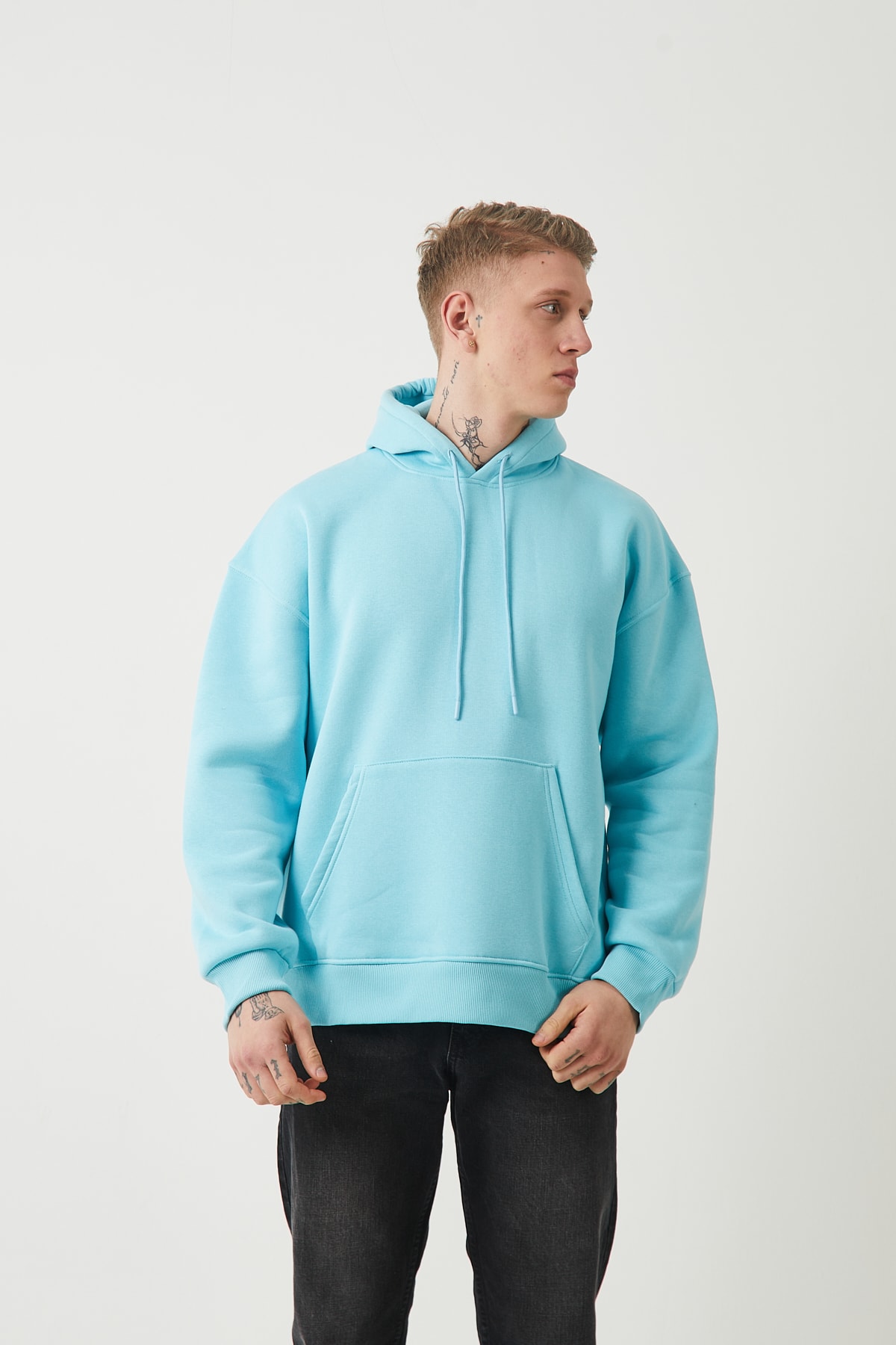 ŞARDONLU OVERSIZE HOODIE - BUZ MAVI