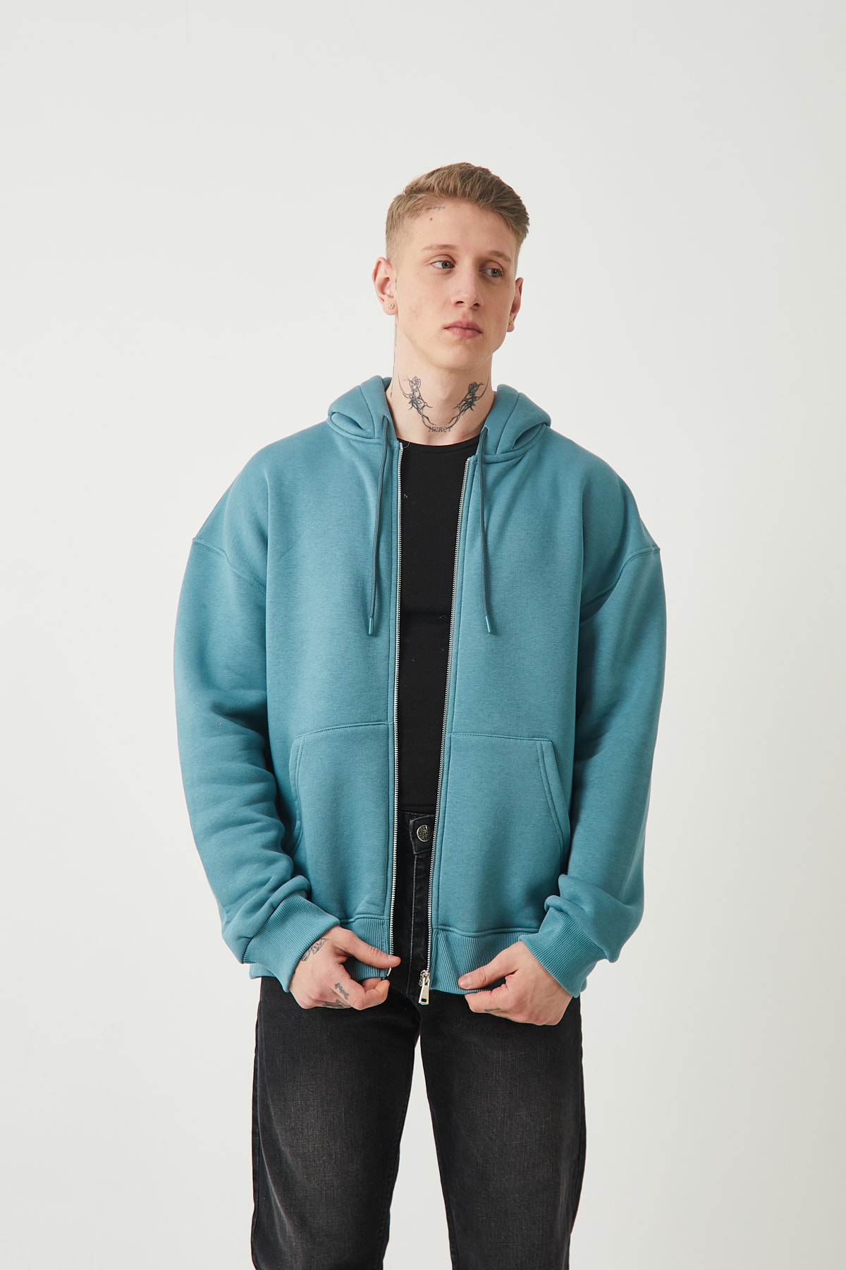FERMUARLI KAPÜŞONLU SWEATSHIRT - SOLUK MAVI