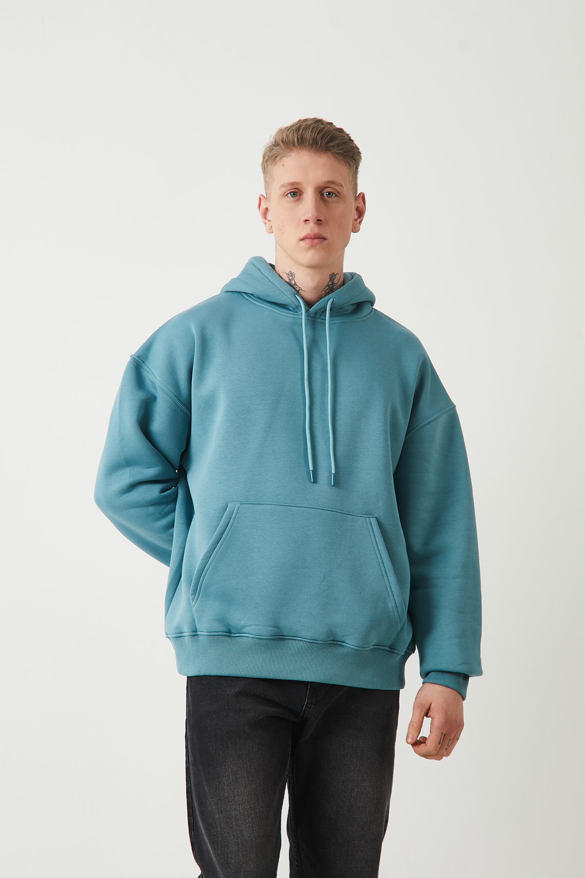 ŞARDONLU OVERSIZE HOODIE - SOLUK MAVI