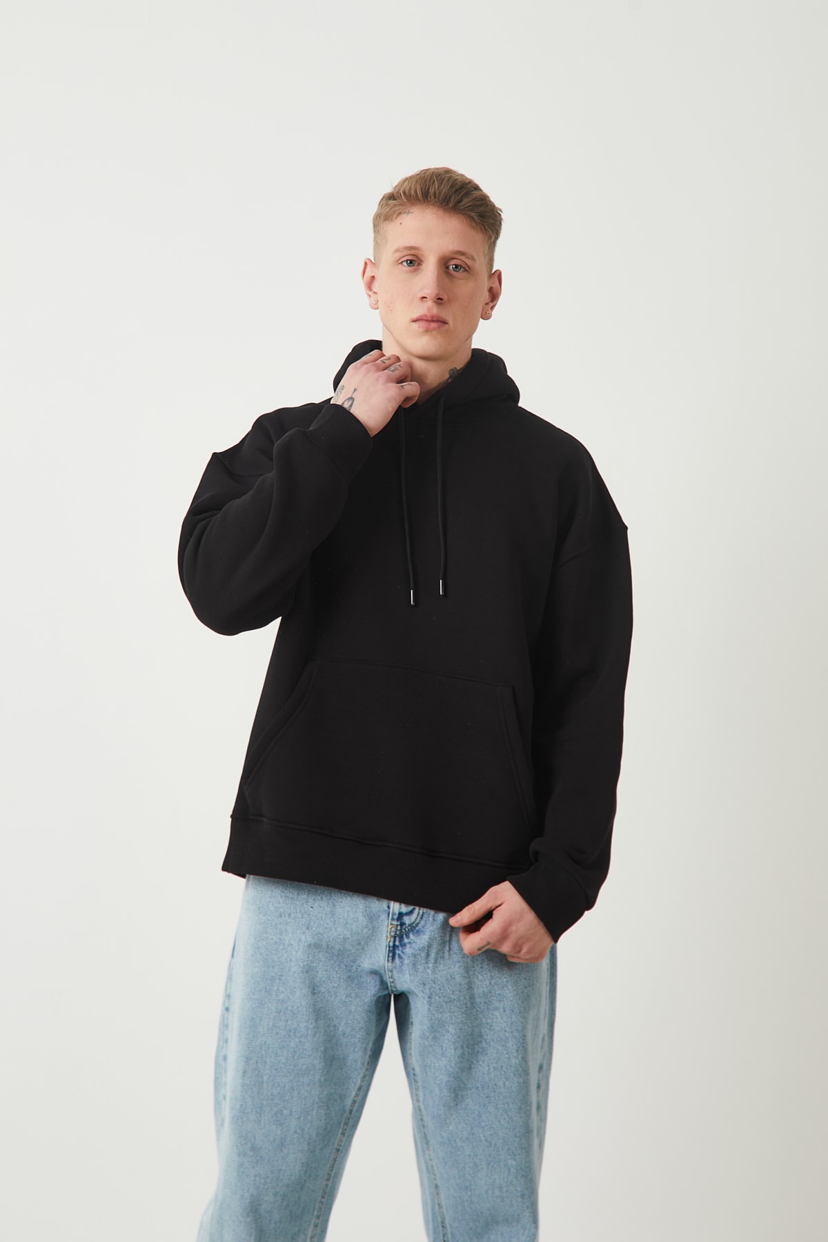 ŞARDONLU OVERSIZE HOODIE - SIYAH