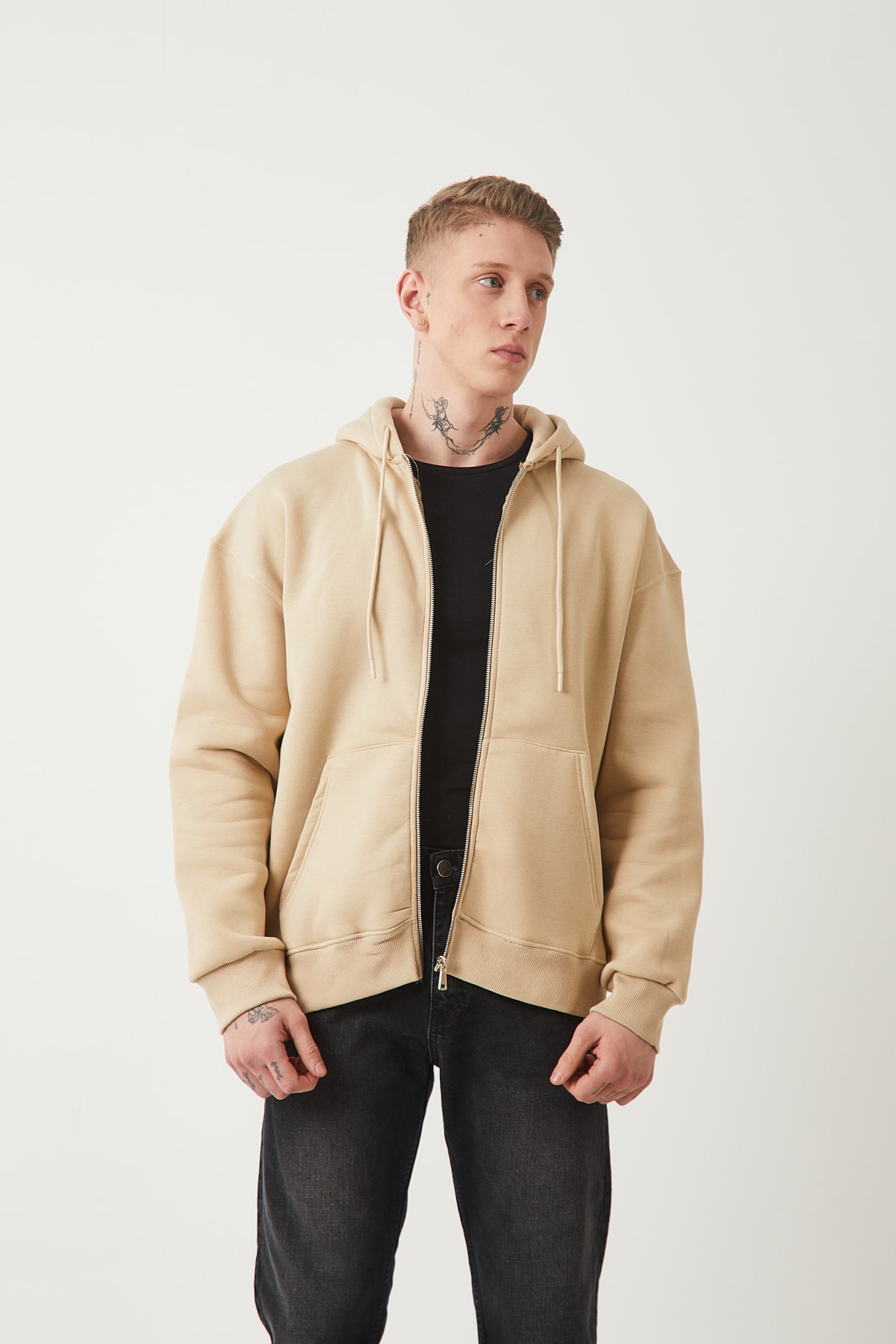 FERMUARLI KAPÜŞONLU SWEATSHIRT - KUM BEJI