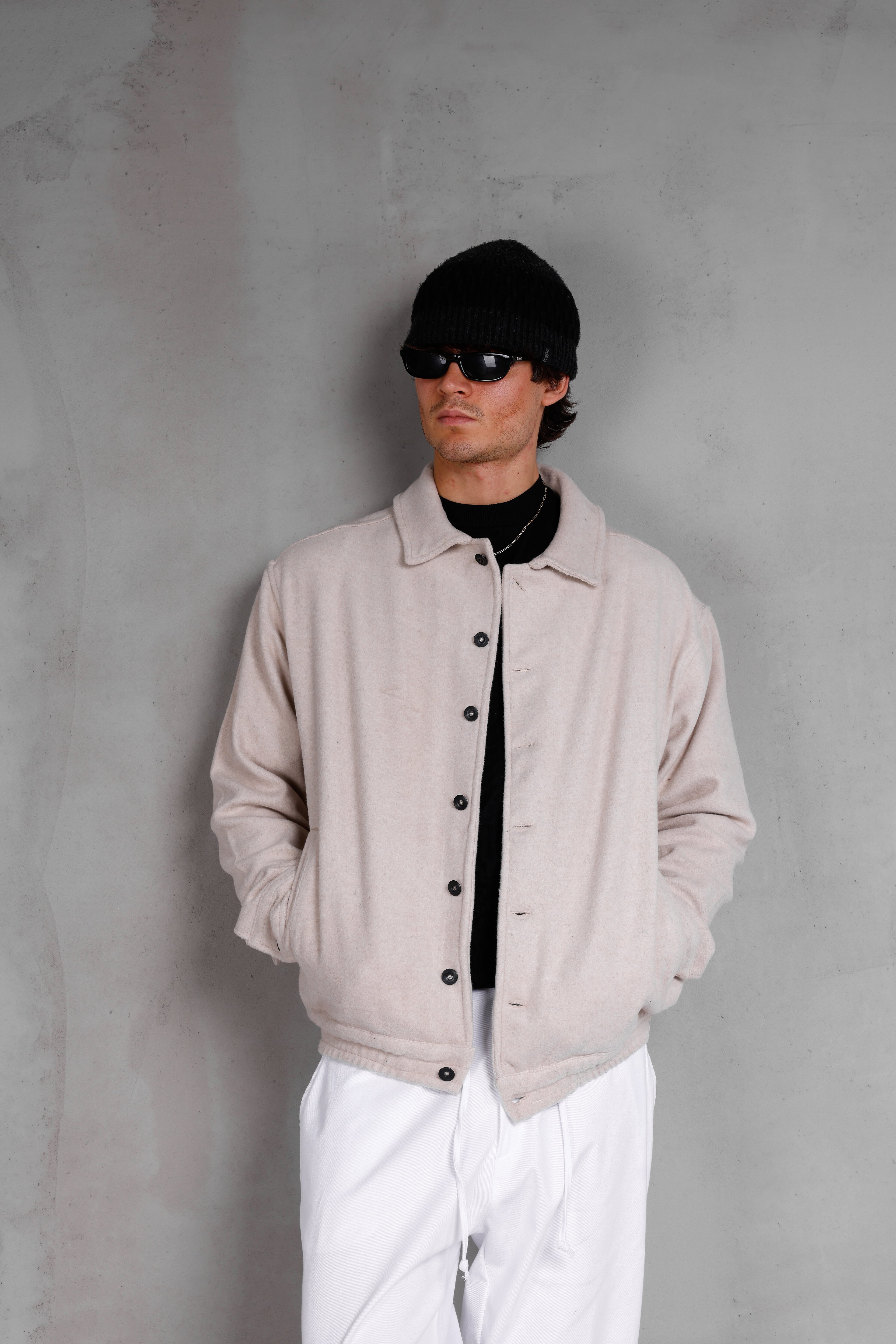 SIRT NAKIŞLI KAŞE BOMBER CEKET - Beige
