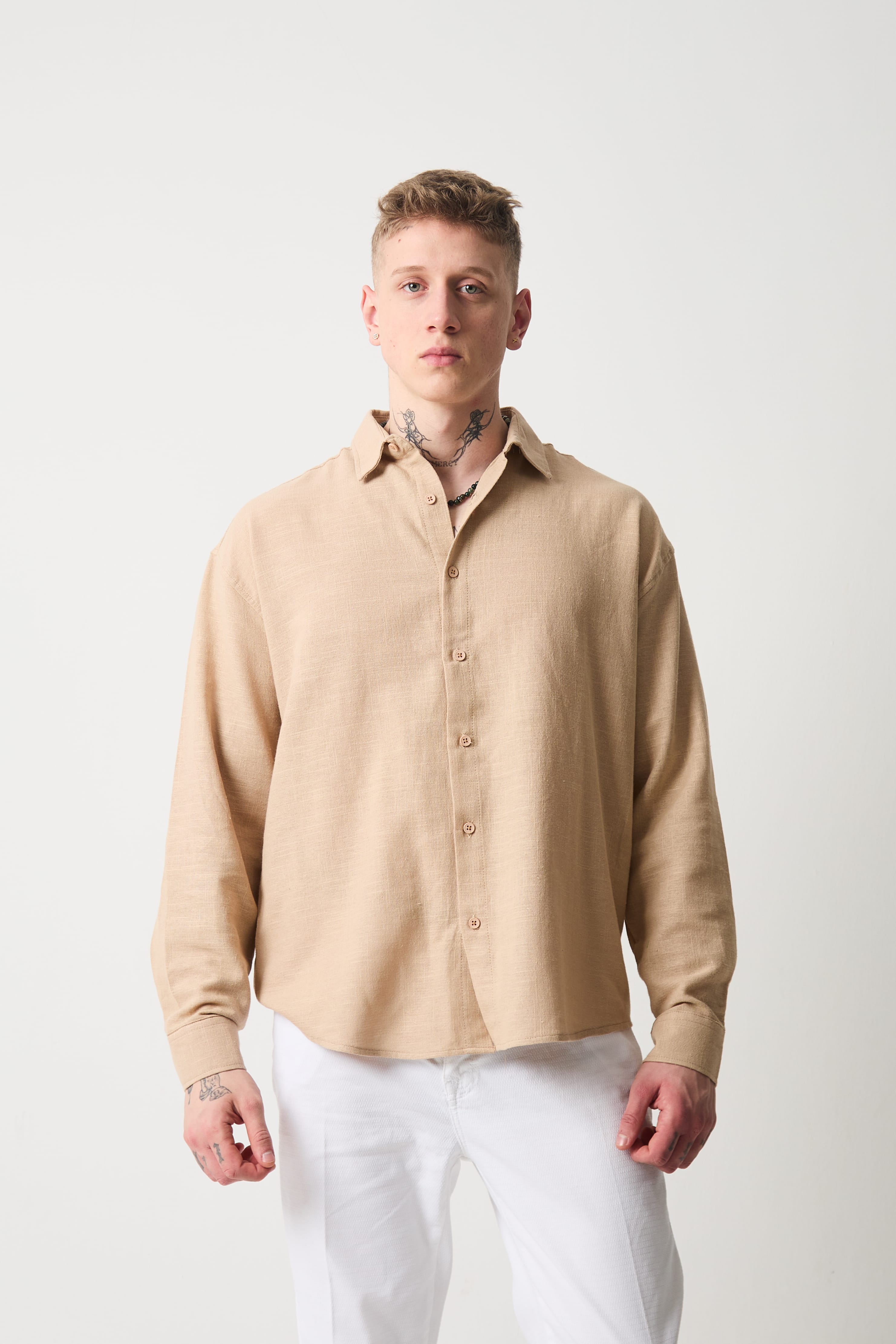 FLAMLI KETEN GÖMLEK - Beige