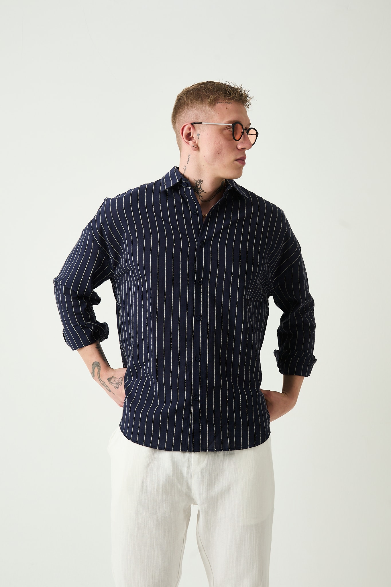 HASIR DETAYLI KETEN GÖMLEK - Navy Blue